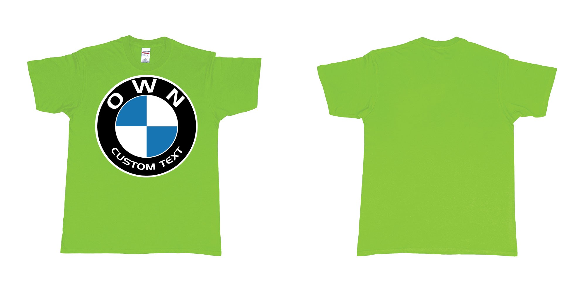Custom tshirt design BMW logo custom text tshirt printing in fabric color lime choice your own text made in Bali by The Pirate Way