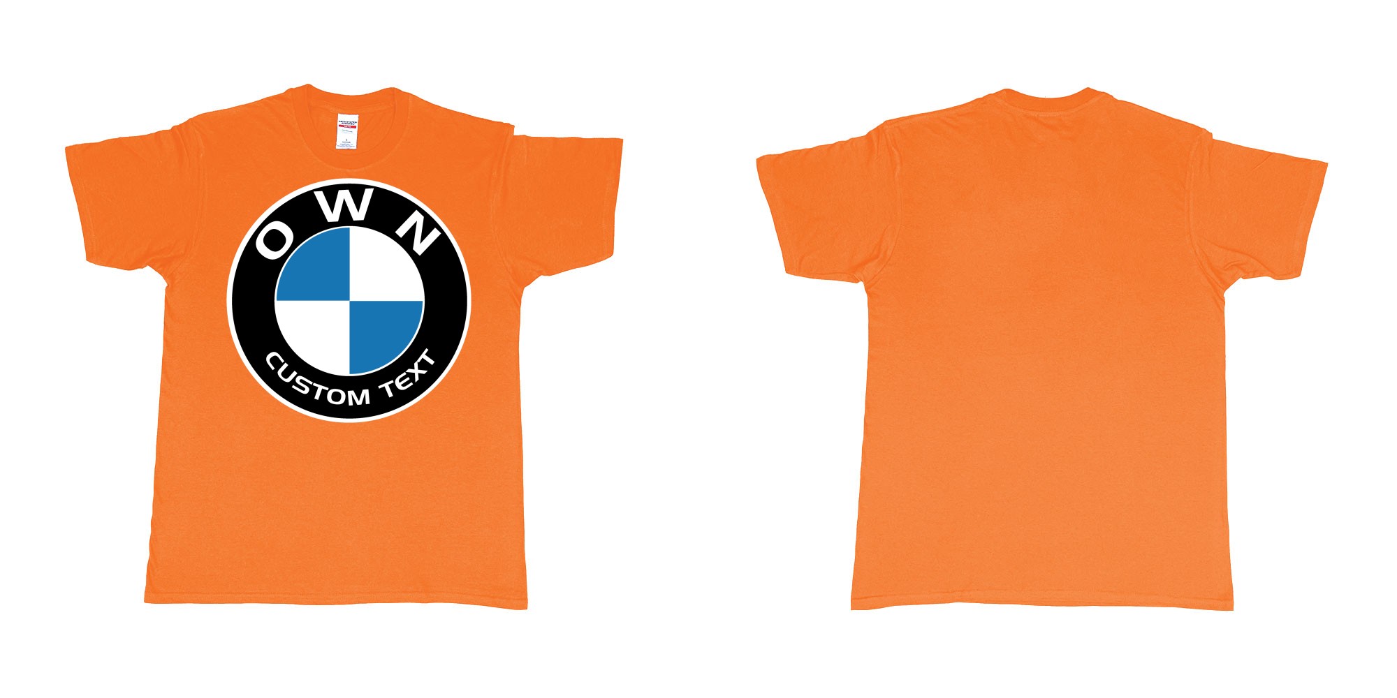 Custom tshirt design BMW logo custom text tshirt printing in fabric color orange choice your own text made in Bali by The Pirate Way