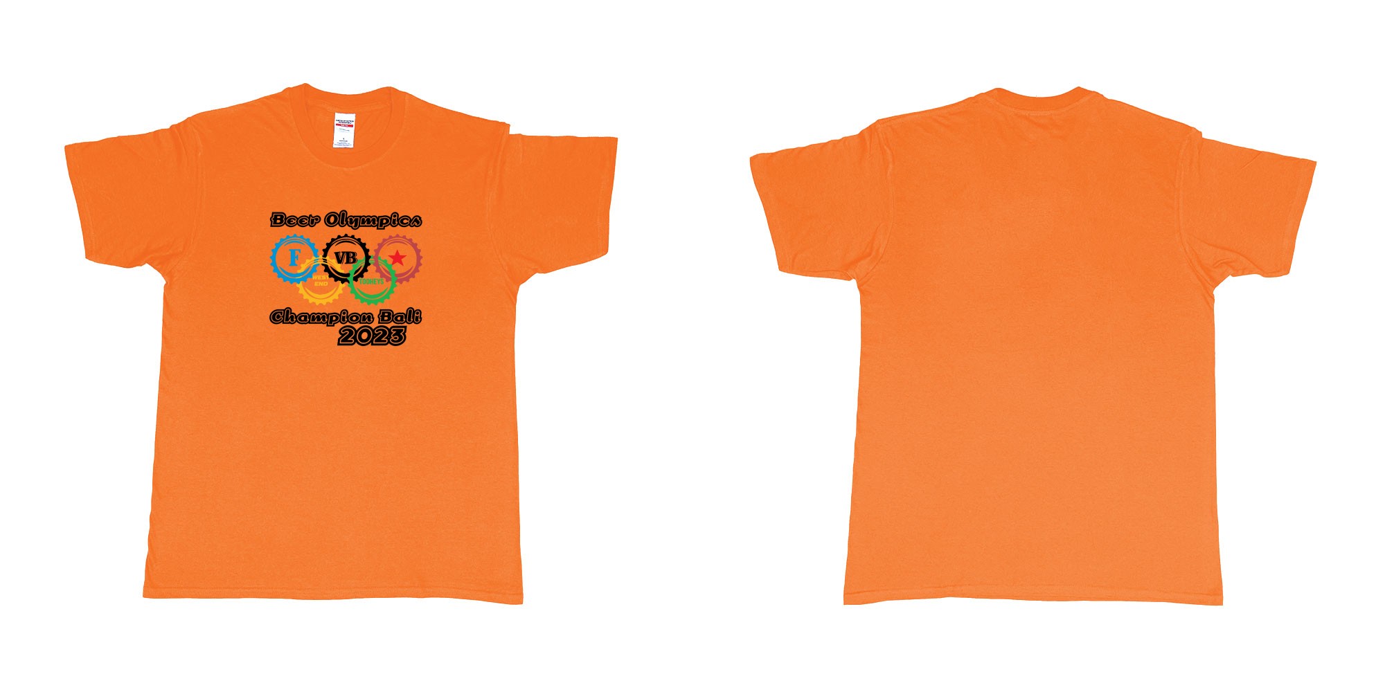 Custom tshirt design Beer Olympics Champion Bali 2023 in fabric color orange choice your own text made in Bali by The Pirate Way