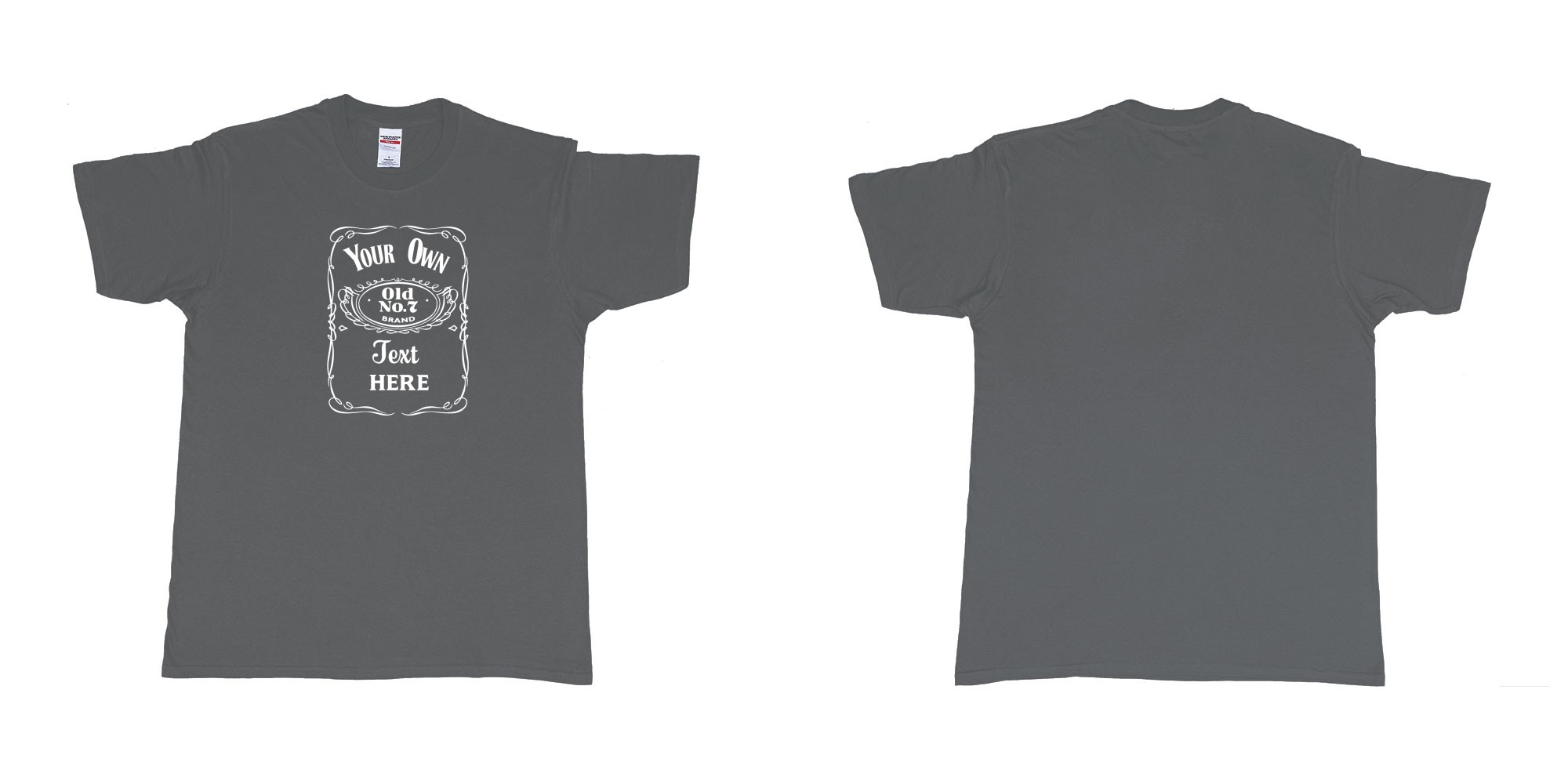 Custom tshirt design Jack Daniels Label in fabric color charcoal choice your own text made in Bali by The Pirate Way