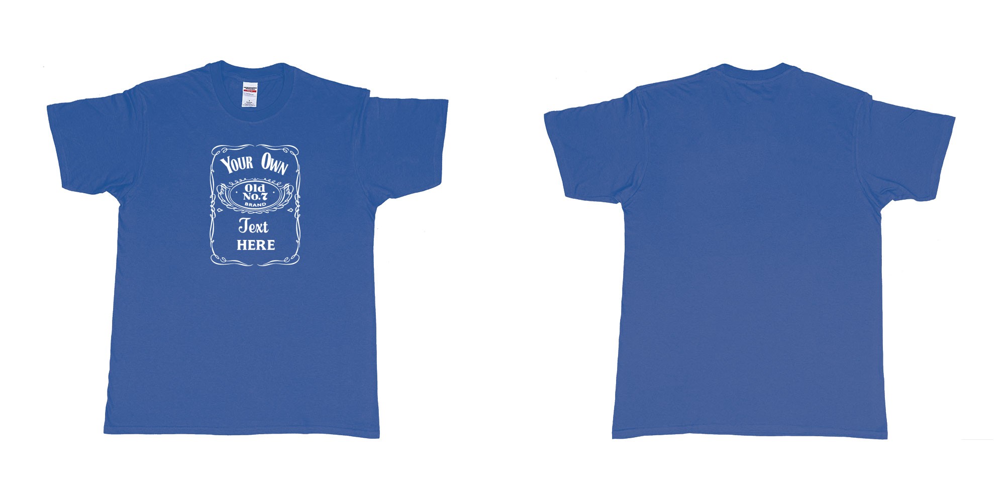Custom tshirt design Jack Daniels Label in fabric color royal-blue choice your own text made in Bali by The Pirate Way