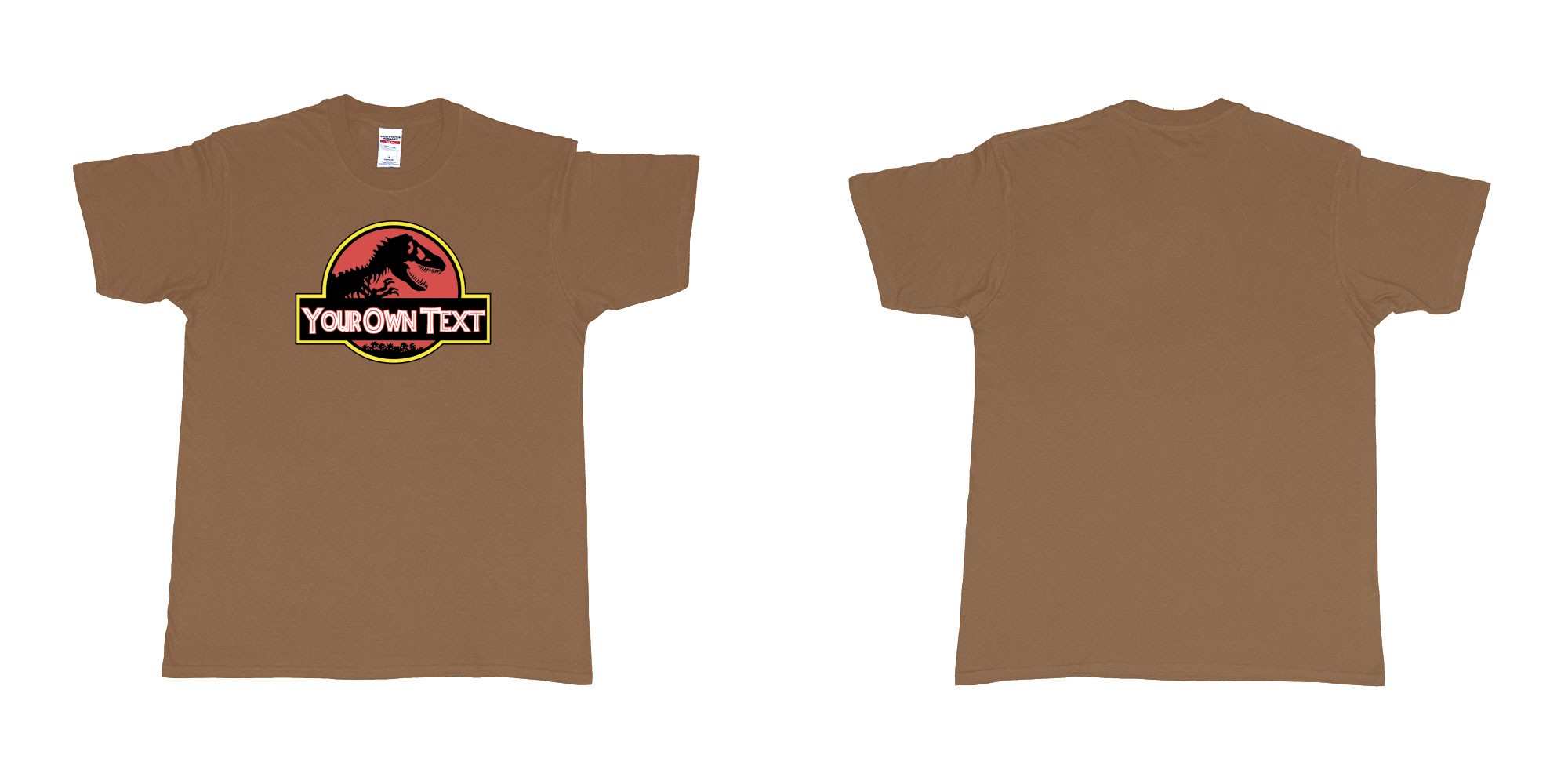 Custom tshirt design Jurassic Park in fabric color chestnut choice your own text made in Bali by The Pirate Way