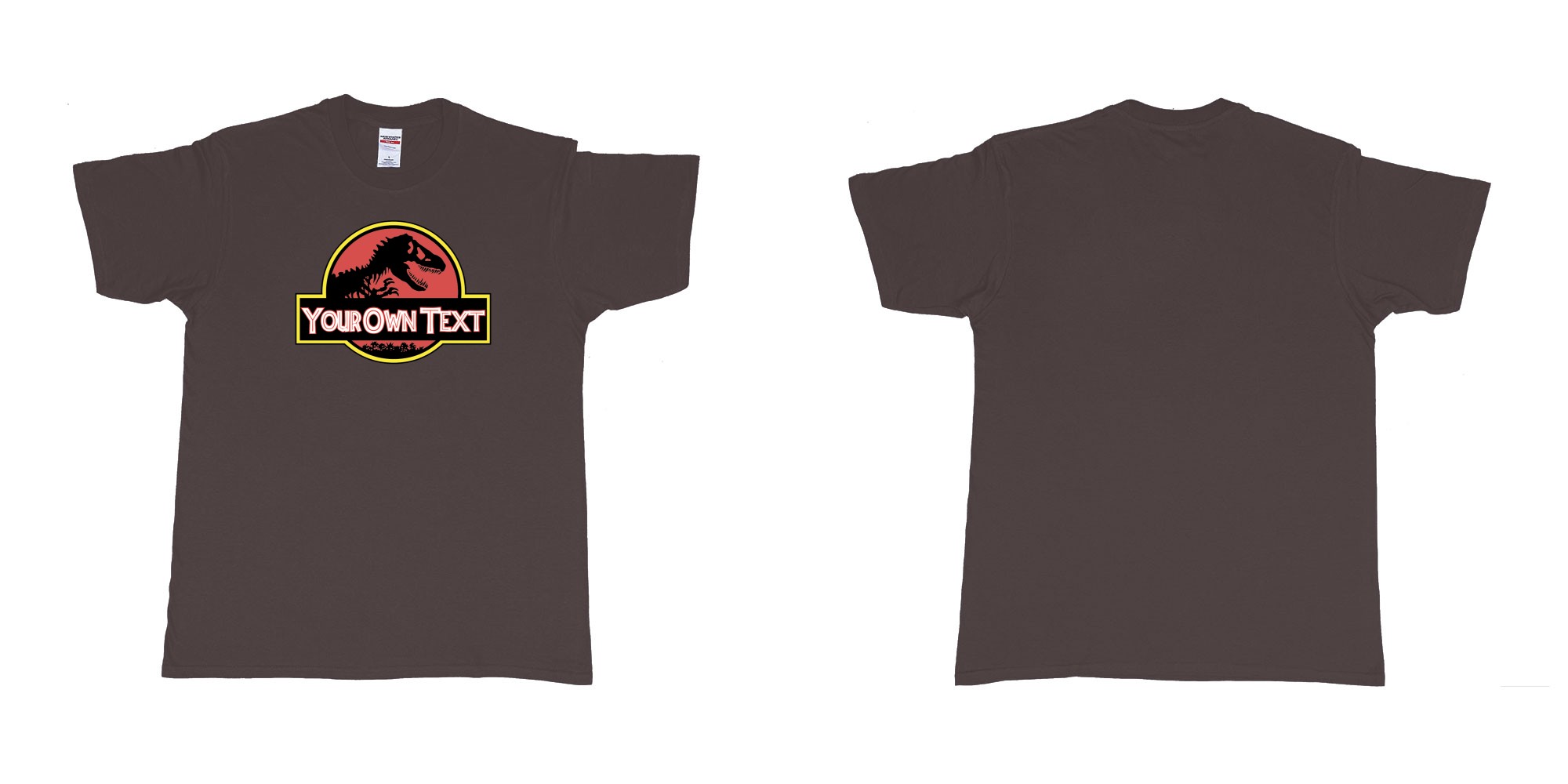 Custom tshirt design Jurassic Park in fabric color dark-chocolate choice your own text made in Bali by The Pirate Way