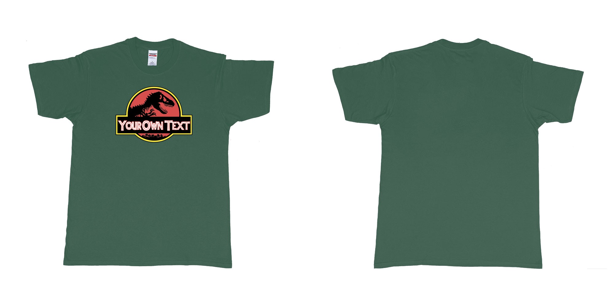 Custom tshirt design Jurassic Park in fabric color forest-green choice your own text made in Bali by The Pirate Way