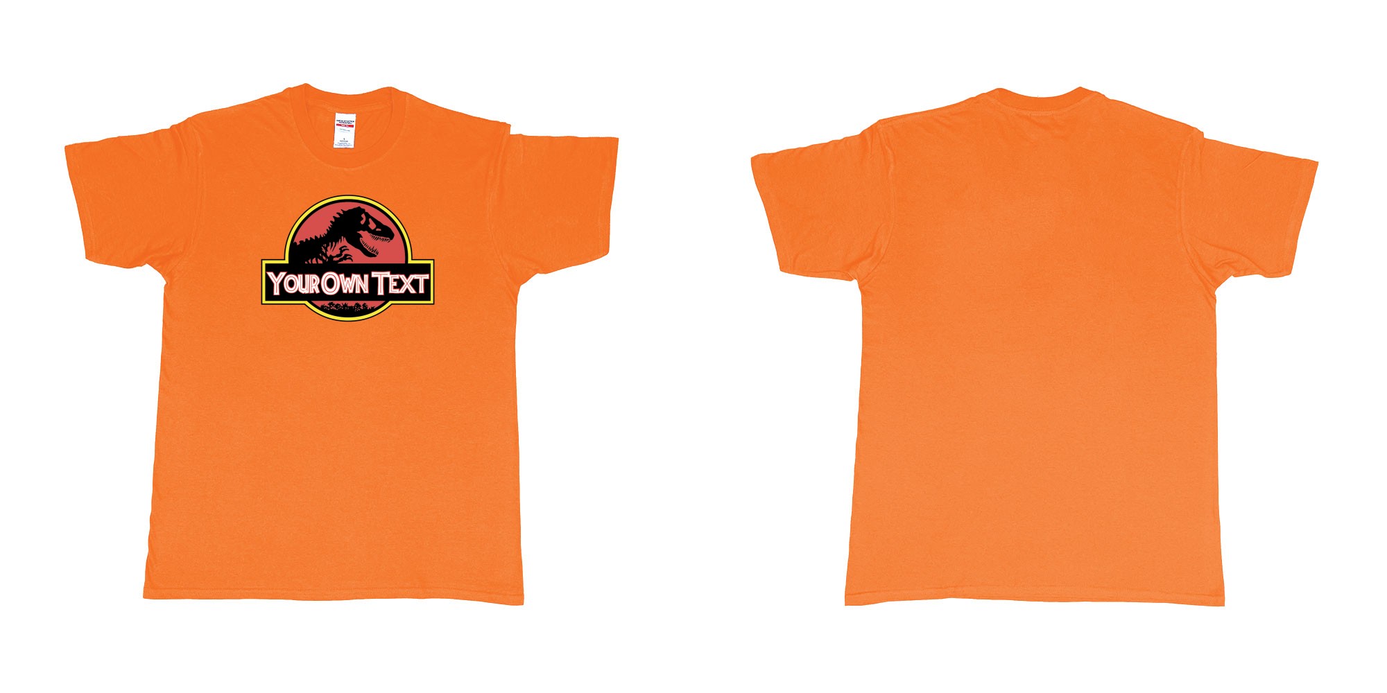 Custom tshirt design Jurassic Park in fabric color orange choice your own text made in Bali by The Pirate Way