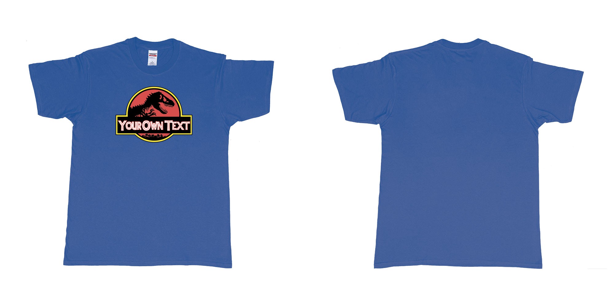 Custom tshirt design Jurassic Park in fabric color royal-blue choice your own text made in Bali by The Pirate Way