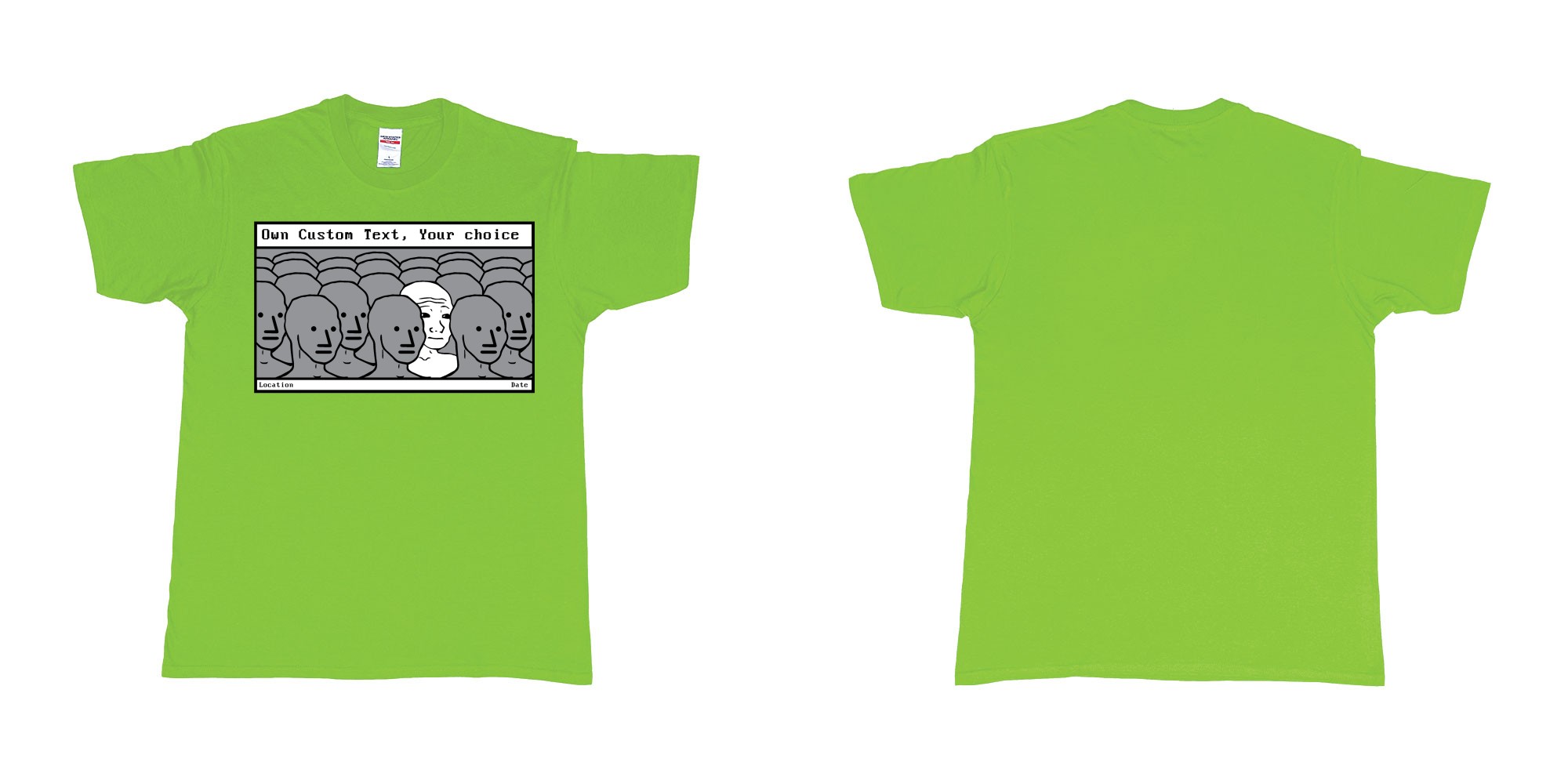 Custom tshirt design NPC meme Wojak non player character in fabric color lime choice your own text made in Bali by The Pirate Way