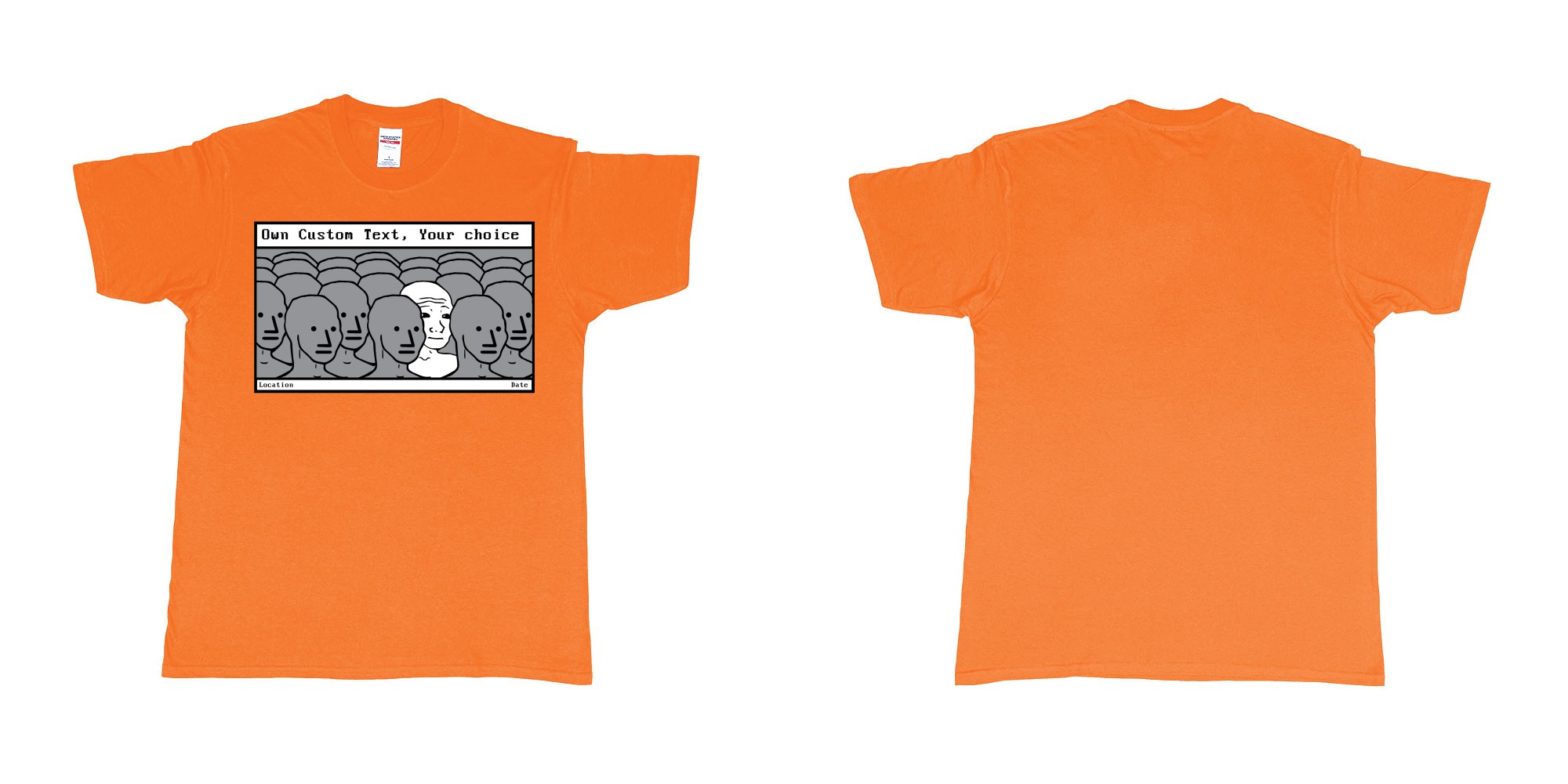 Custom tshirt design NPC meme Wojak non player character in fabric color orange choice your own text made in Bali by The Pirate Way