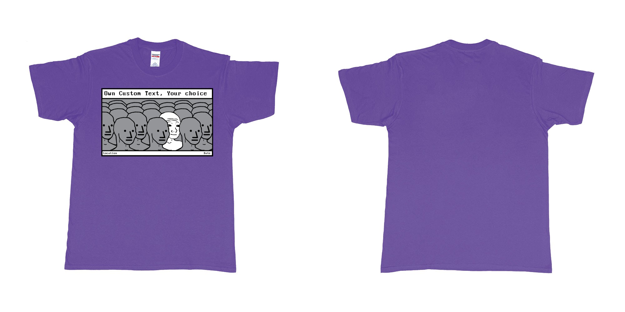 Custom tshirt design NPC meme Wojak non player character in fabric color purple choice your own text made in Bali by The Pirate Way