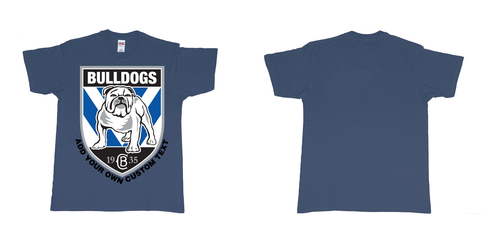 Custom tshirt design NRL canterbury bankstown bulldogs custom logo design print in fabric color navy choice your own text made in Bali by The Pirate Way