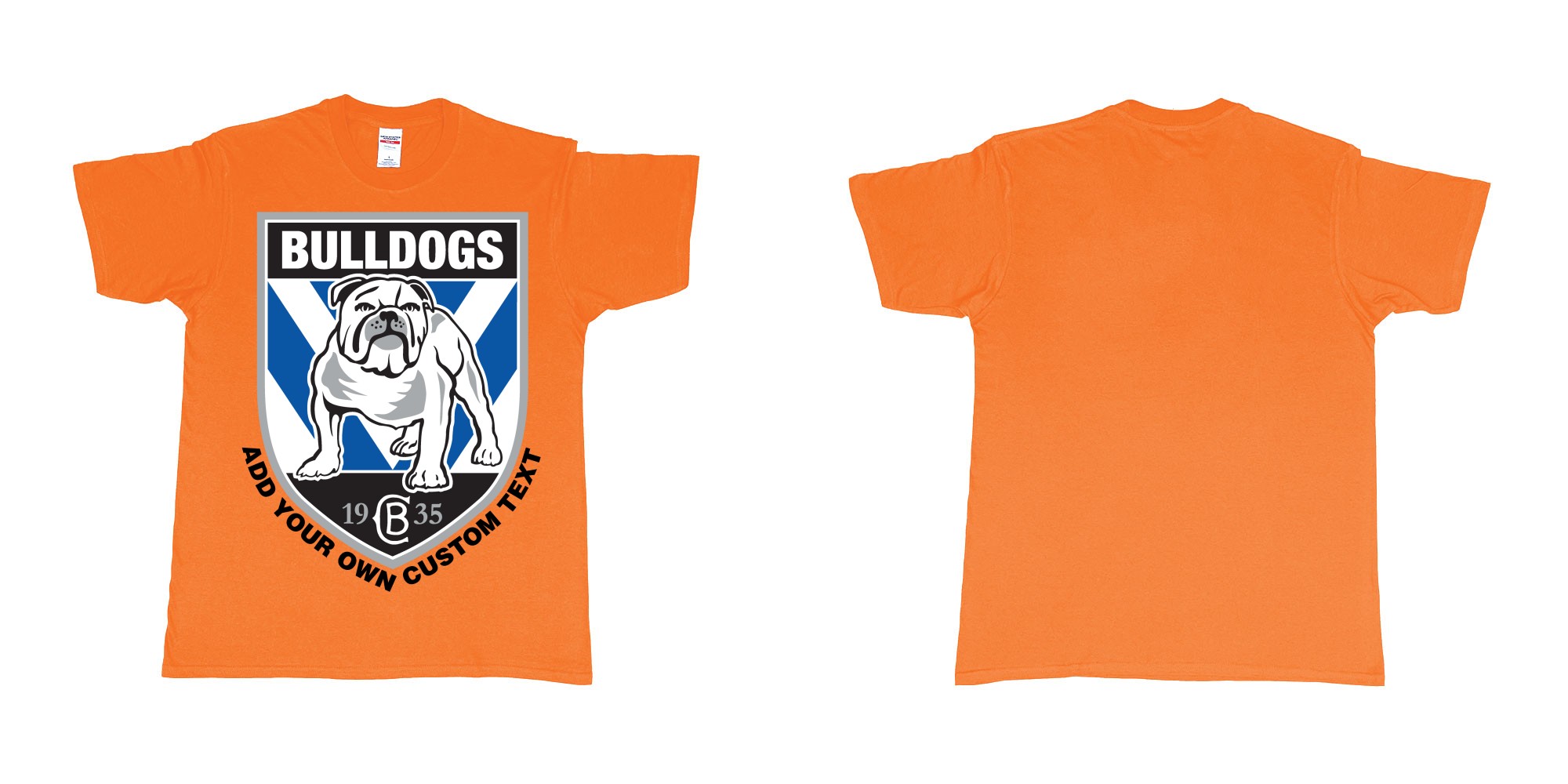 Custom tshirt design NRL canterbury bankstown bulldogs custom logo design print in fabric color orange choice your own text made in Bali by The Pirate Way