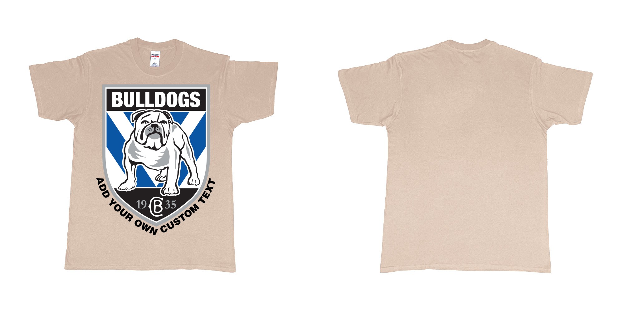 Custom tshirt design NRL canterbury bankstown bulldogs custom logo design print in fabric color sand choice your own text made in Bali by The Pirate Way