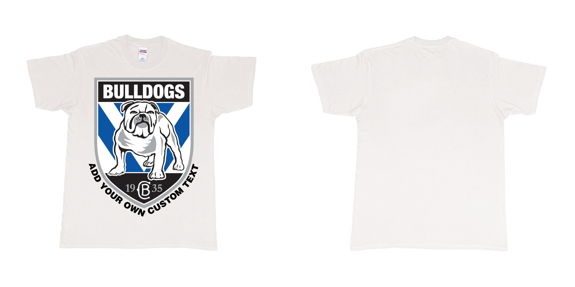 Custom tshirt design NRL canterbury bankstown bulldogs custom logo design print in fabric color white choice your own text made in Bali by The Pirate Way
