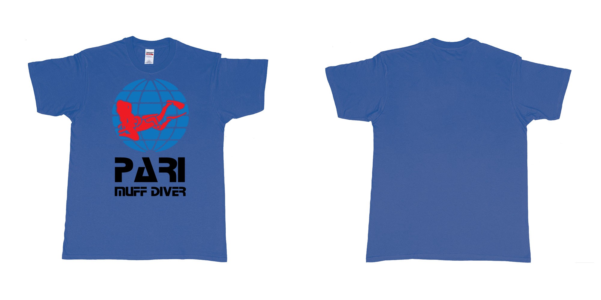 Custom tshirt design PADI muff diver scuba tshirt in fabric color royal-blue choice your own text made in Bali by The Pirate Way