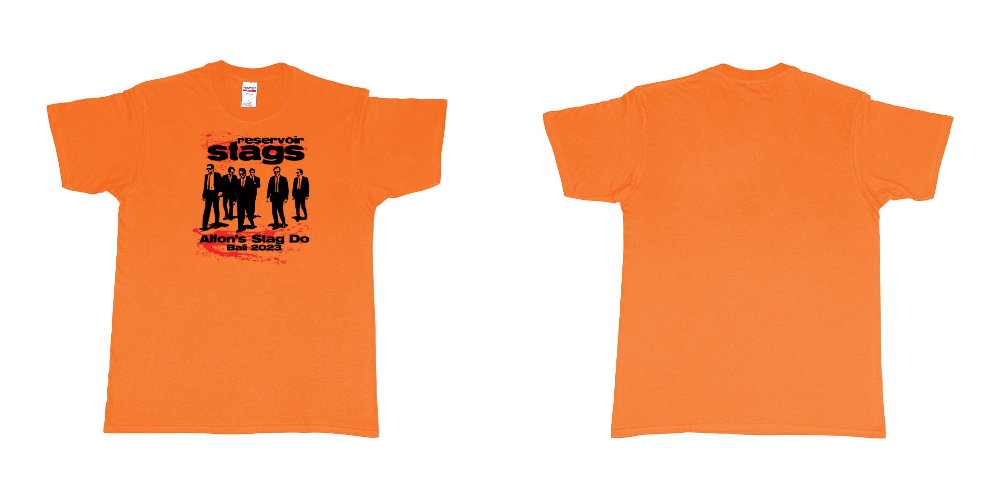 Custom tshirt design Reservoir Dogs Stag in fabric color orange choice your own text made in Bali by The Pirate Way
