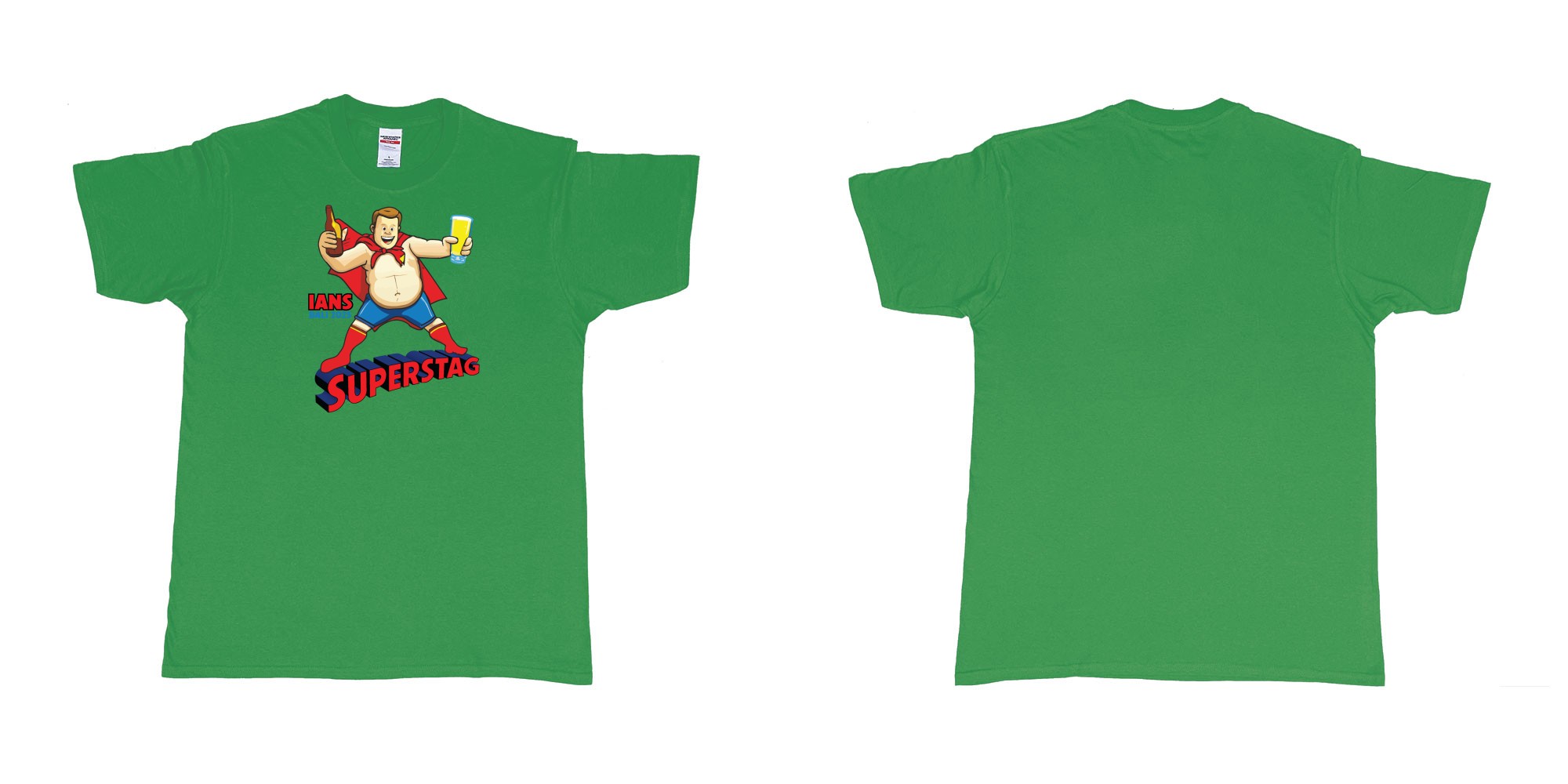 Custom tshirt design Super Man Stag in fabric color irish-green choice your own text made in Bali by The Pirate Way