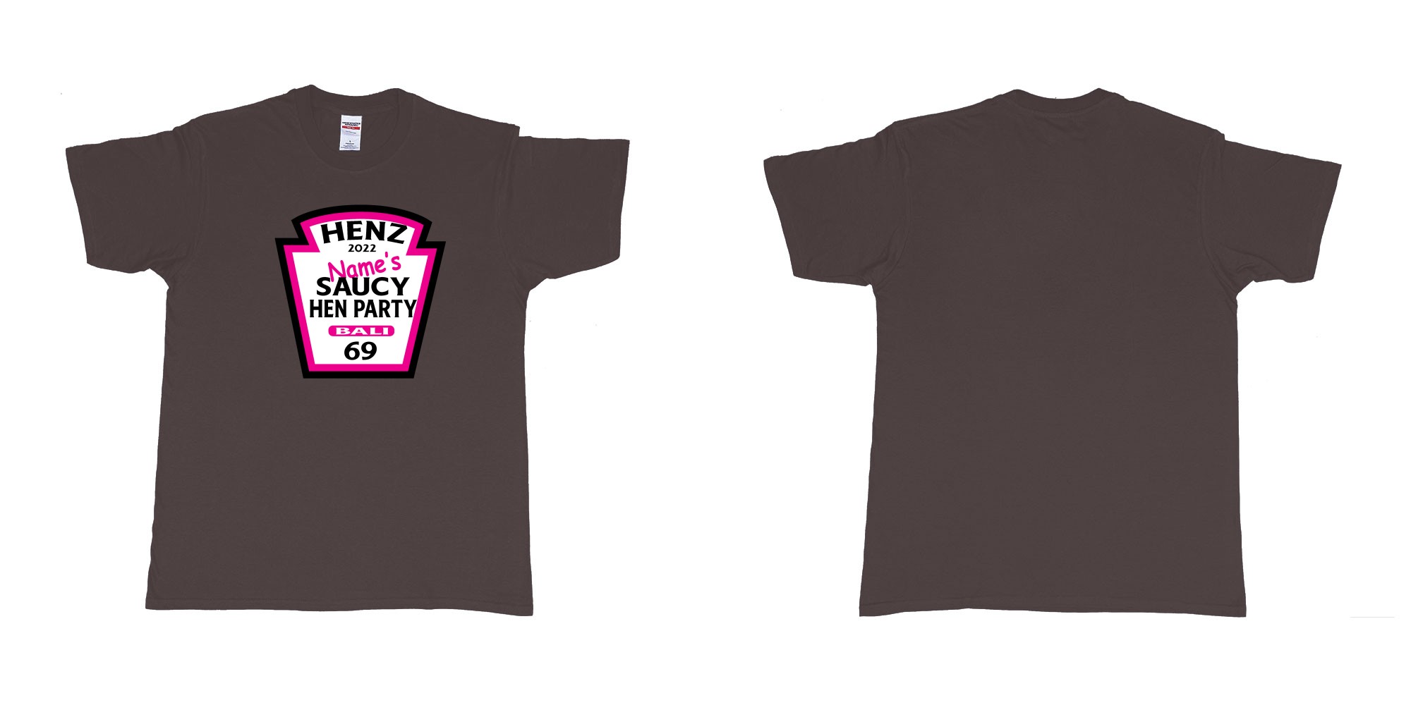 Custom tshirt design TPW Heinz ketchup hen night in fabric color dark-chocolate choice your own text made in Bali by The Pirate Way