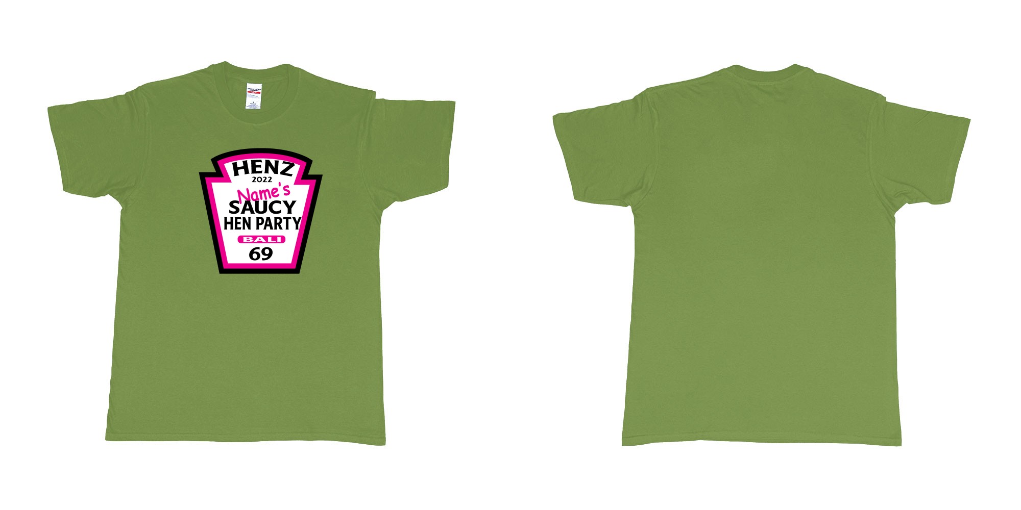 Custom tshirt design TPW Heinz ketchup hen night in fabric color military-green choice your own text made in Bali by The Pirate Way