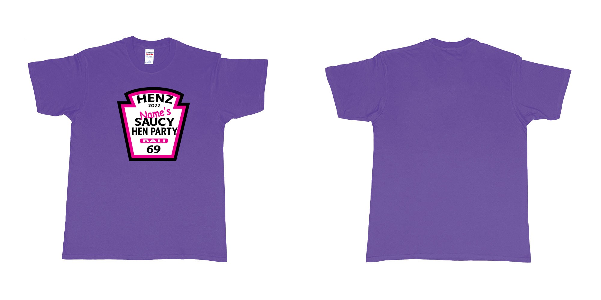 Custom tshirt design TPW Heinz ketchup hen night in fabric color purple choice your own text made in Bali by The Pirate Way
