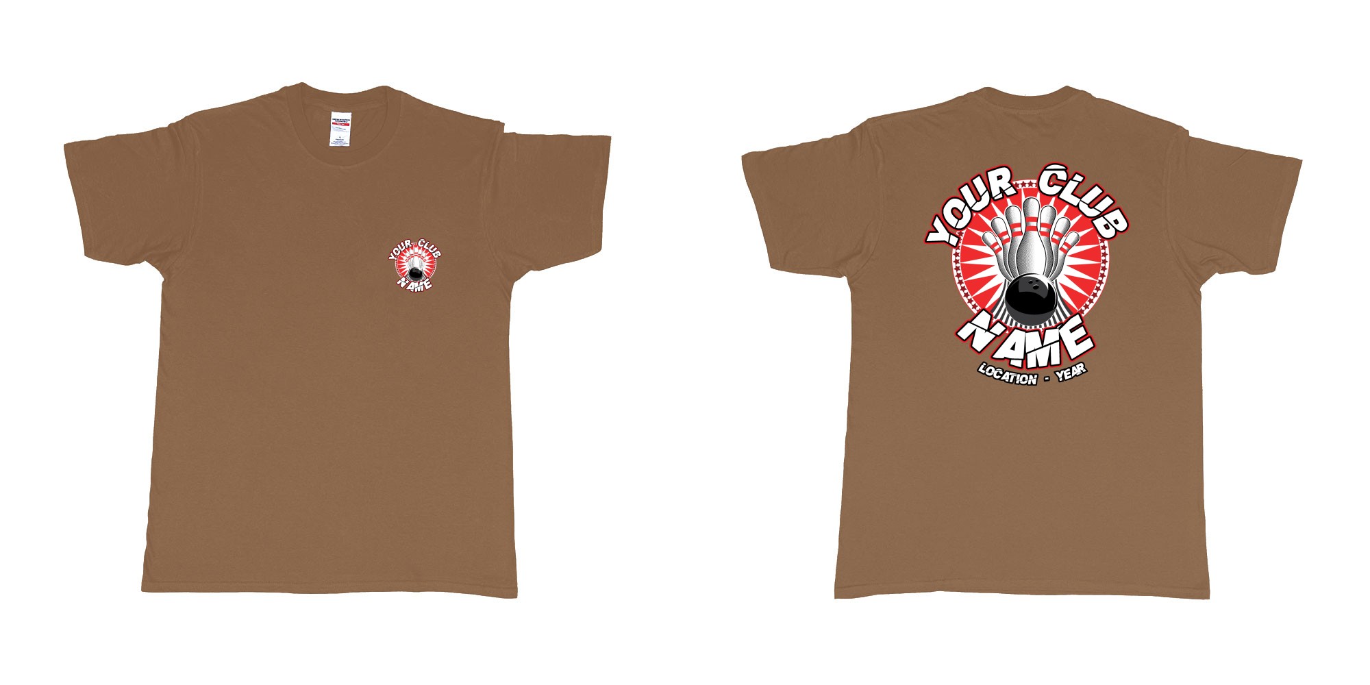 Custom tshirt design TPW strike bowling in fabric color chestnut choice your own text made in Bali by The Pirate Way