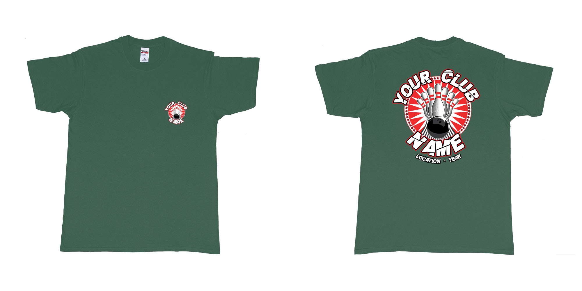 Custom tshirt design TPW strike bowling in fabric color forest-green choice your own text made in Bali by The Pirate Way