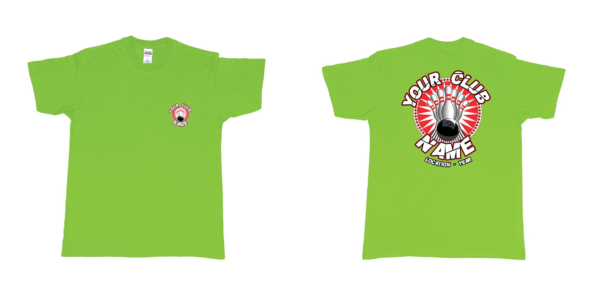 Custom tshirt design TPW strike bowling in fabric color lime choice your own text made in Bali by The Pirate Way