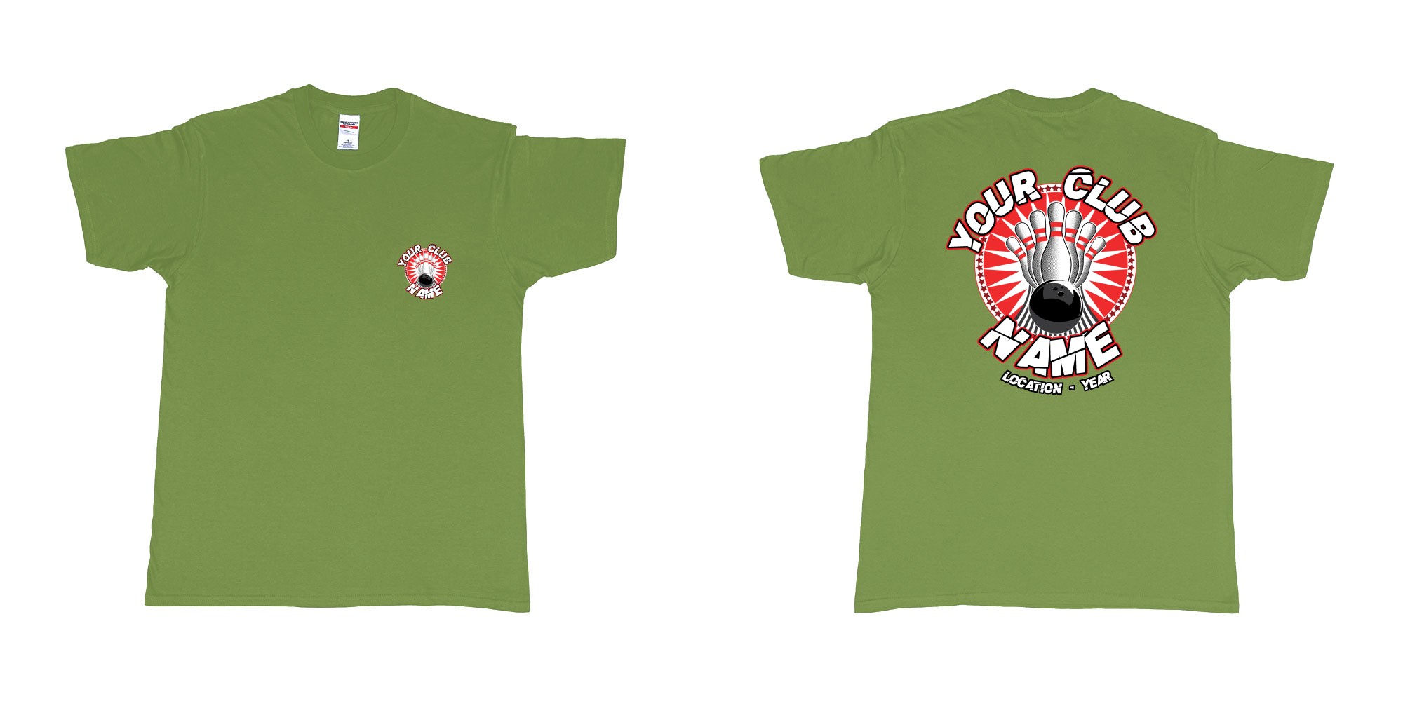 Custom tshirt design TPW strike bowling in fabric color military-green choice your own text made in Bali by The Pirate Way