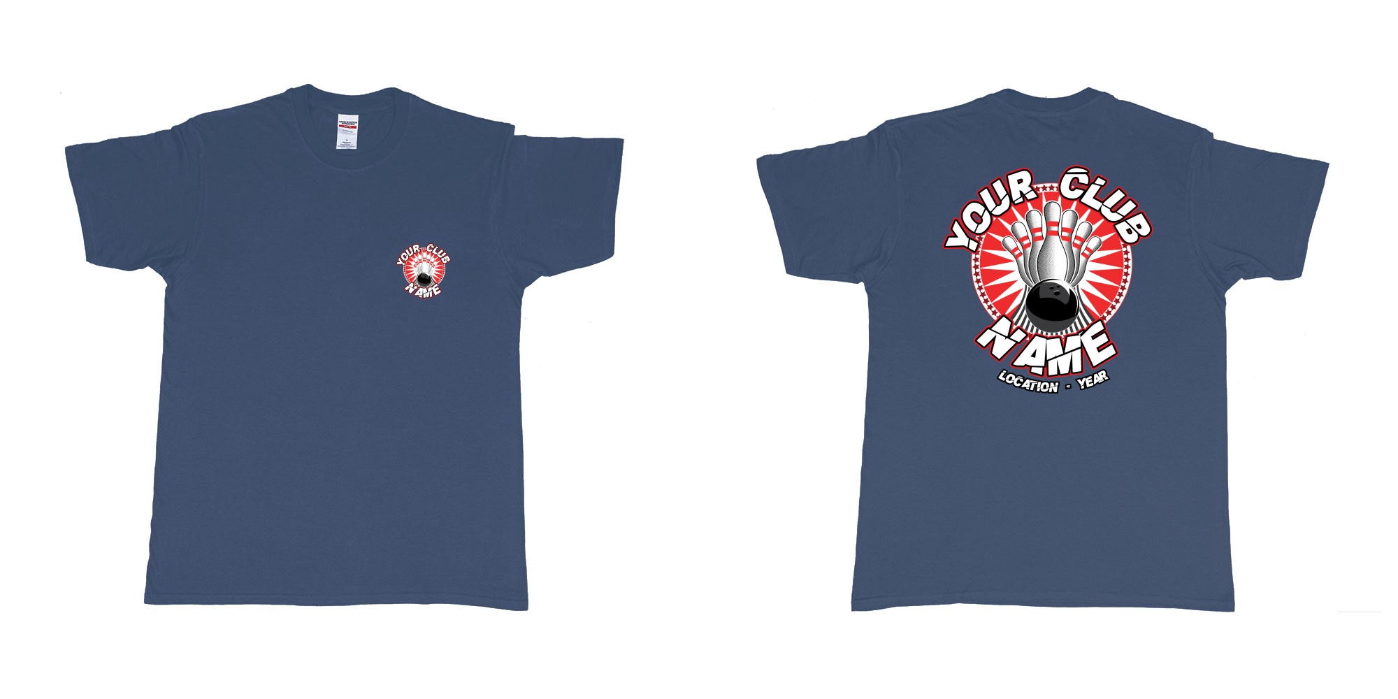 Custom tshirt design TPW strike bowling in fabric color navy choice your own text made in Bali by The Pirate Way