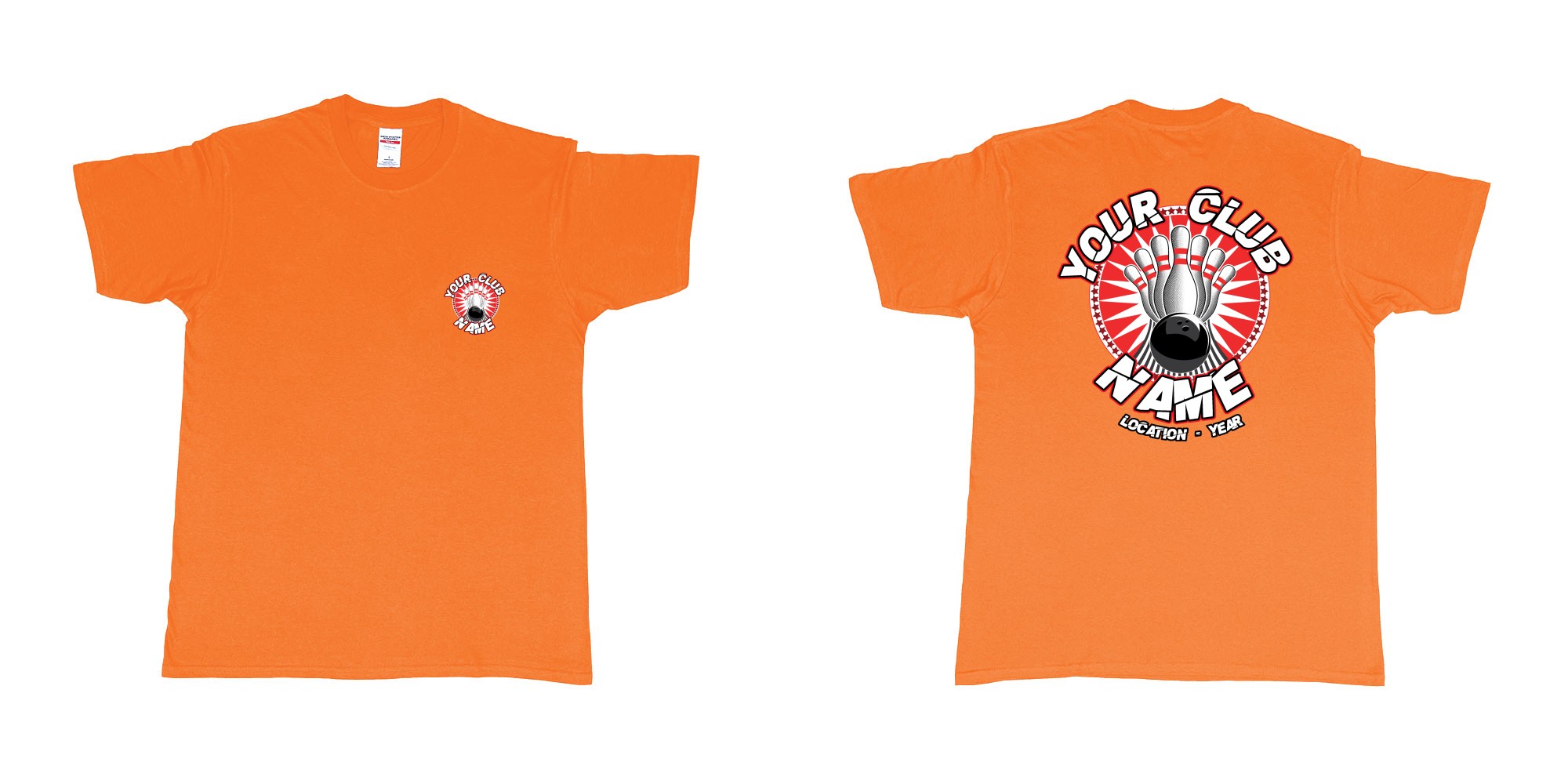 Custom tshirt design TPW strike bowling in fabric color orange choice your own text made in Bali by The Pirate Way