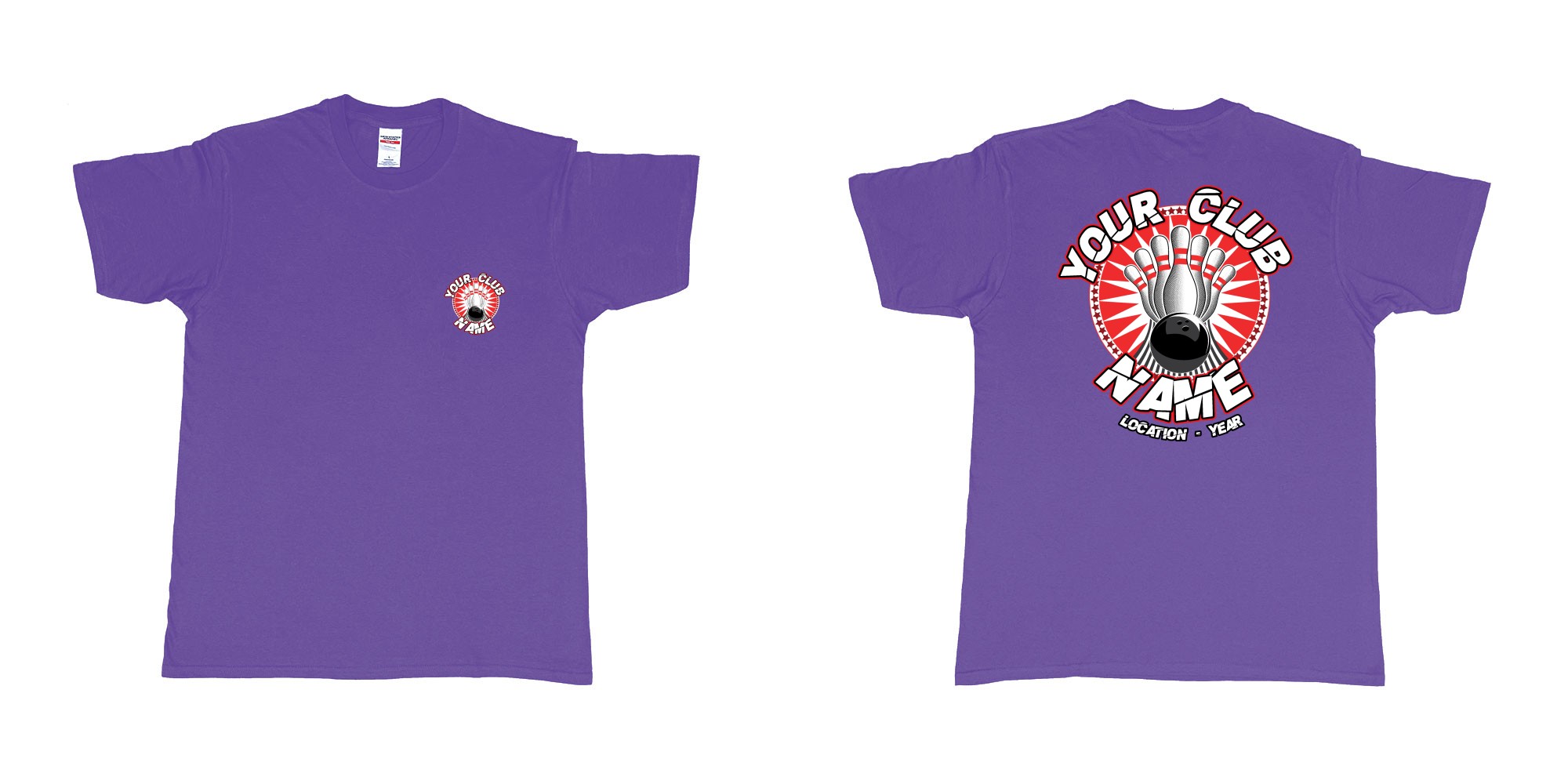 Custom tshirt design TPW strike bowling in fabric color purple choice your own text made in Bali by The Pirate Way