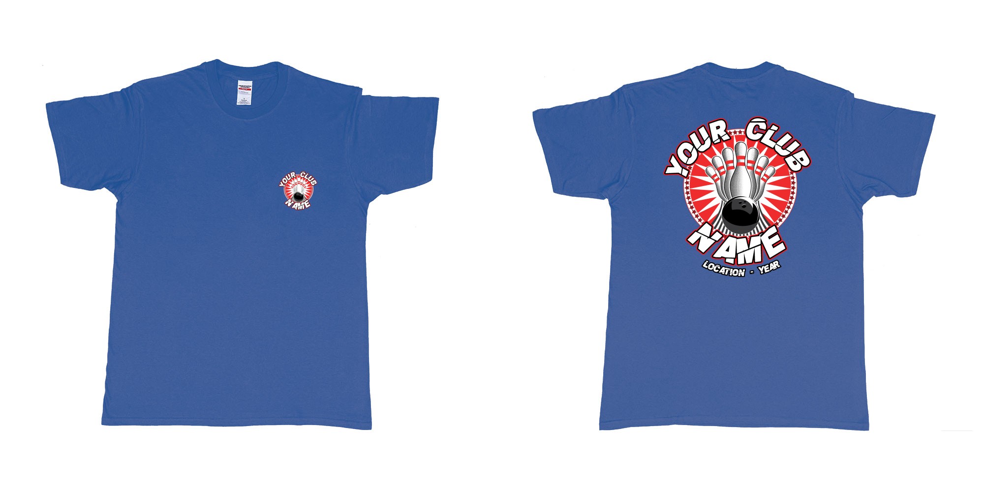 Custom tshirt design TPW strike bowling in fabric color royal-blue choice your own text made in Bali by The Pirate Way