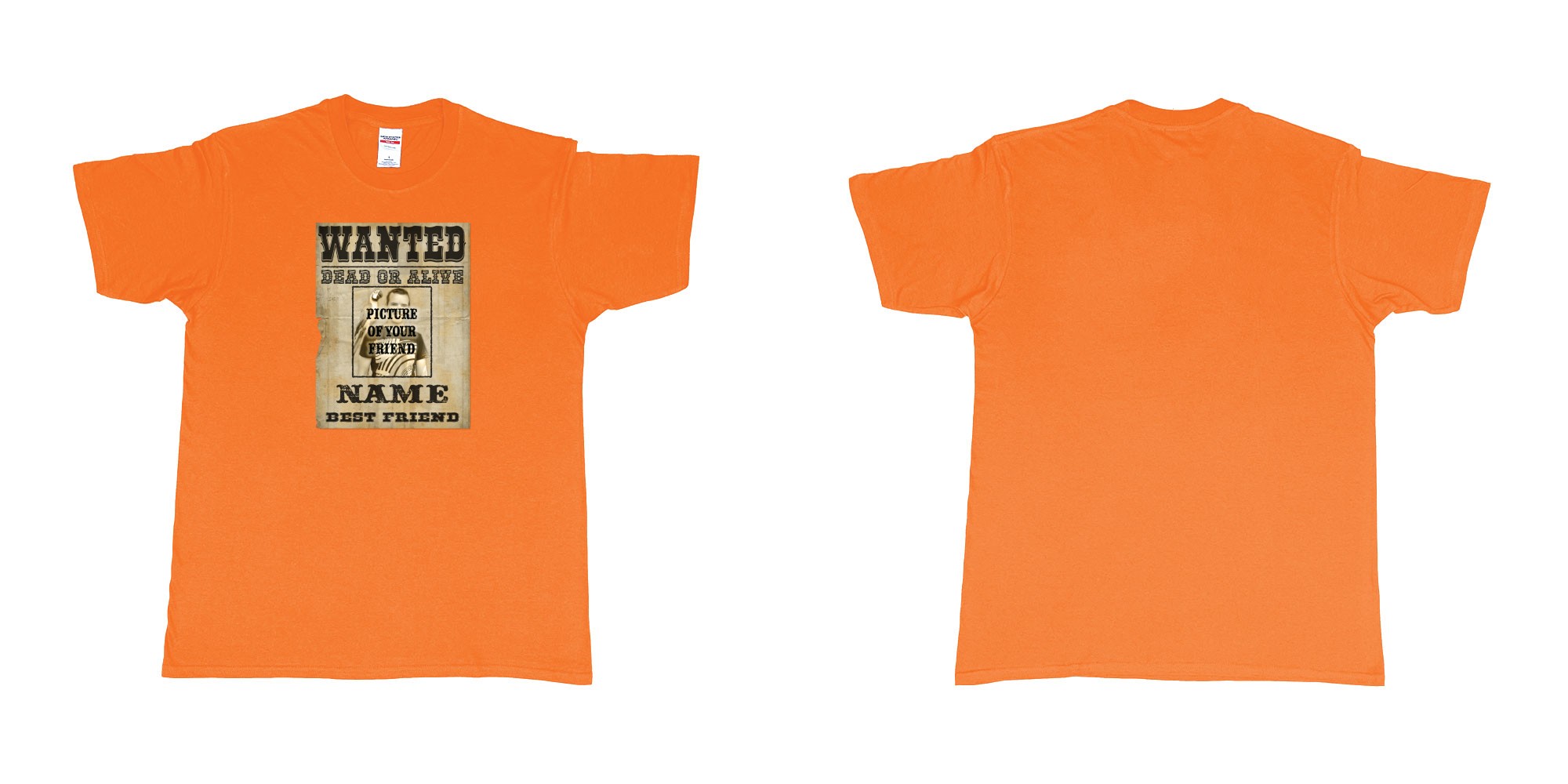 Custom tshirt design Wanted Poster in fabric color orange choice your own text made in Bali by The Pirate Way
