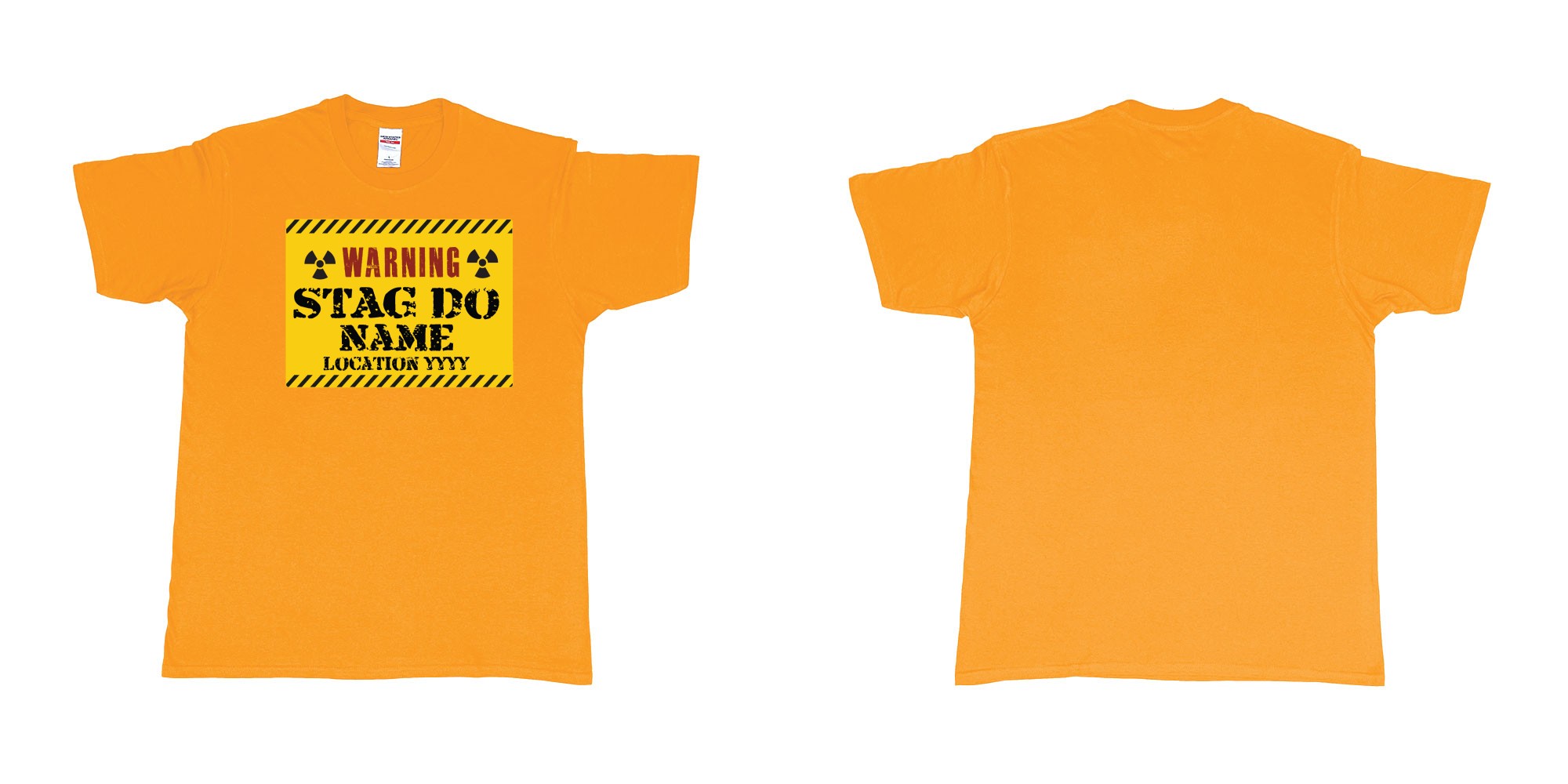 Custom tshirt design Warning Stag Do Location in fabric color gold choice your own text made in Bali by The Pirate Way