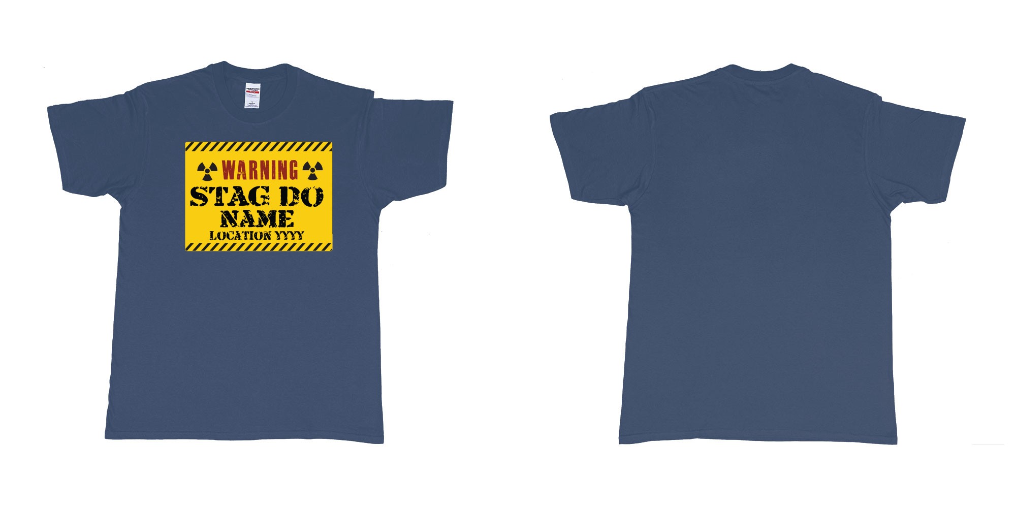 Custom tshirt design Warning Stag Do Location in fabric color navy choice your own text made in Bali by The Pirate Way