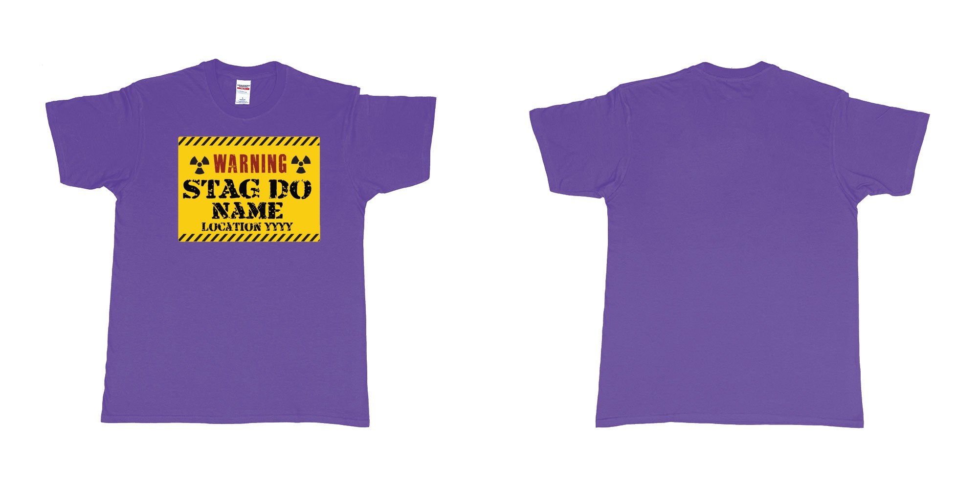 Custom tshirt design Warning Stag Do Location in fabric color purple choice your own text made in Bali by The Pirate Way