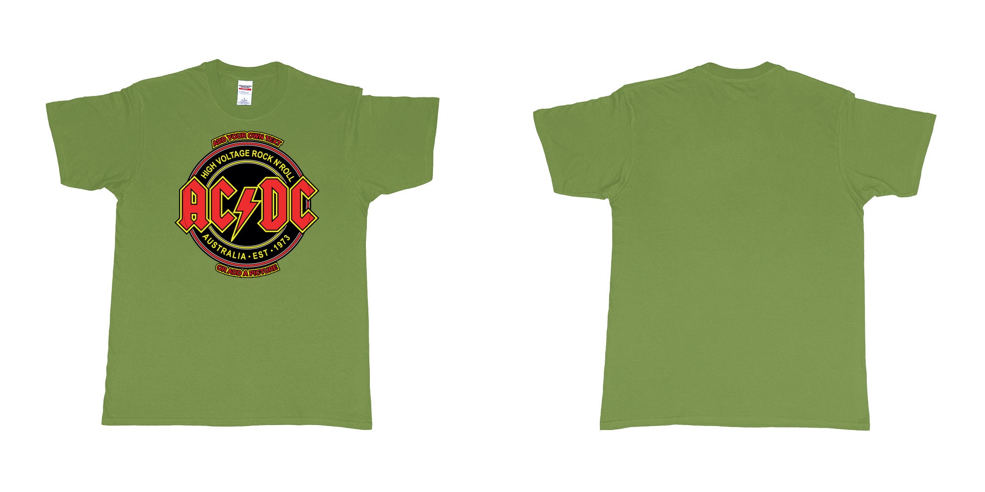 Custom tshirt design ac dc high voltage rock n roll australia est 1973 tshirt in fabric color military-green choice your own text made in Bali by The Pirate Way