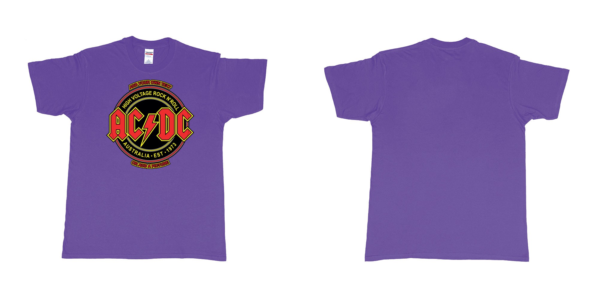 Custom tshirt design ac dc high voltage rock n roll australia est 1973 tshirt in fabric color purple choice your own text made in Bali by The Pirate Way
