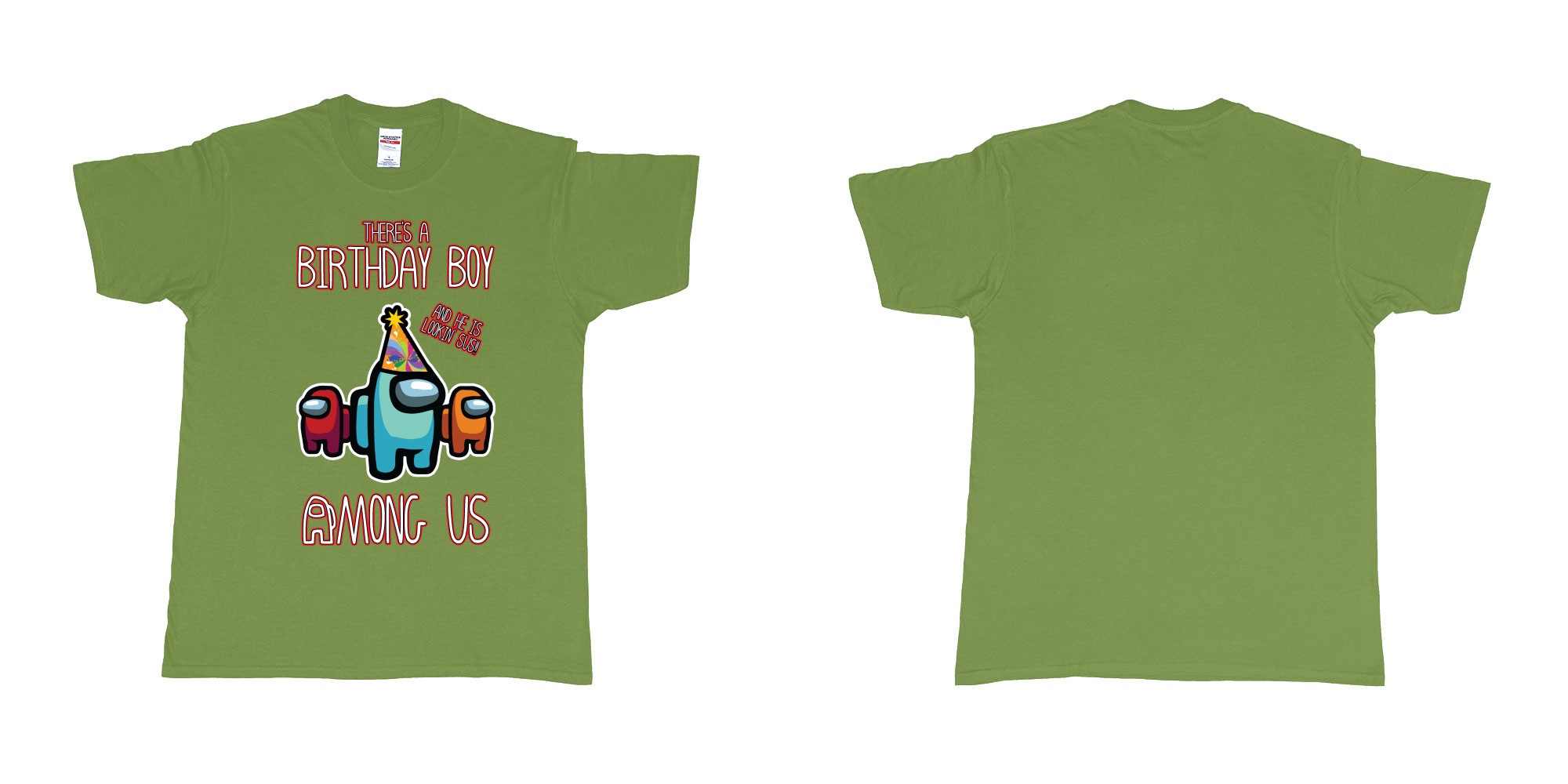 Custom tshirt design among us birthday boy impostor trust no one custom text print tshirt in fabric color military-green choice your own text made in Bali by The Pirate Way
