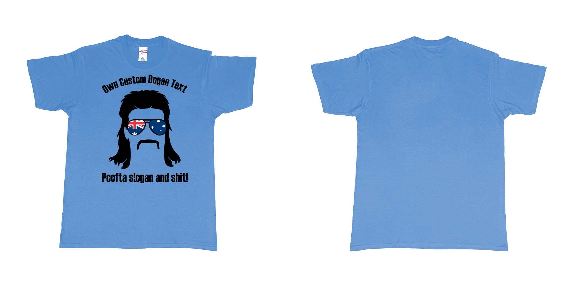 Custom tshirt design australian bogan mullet sunglasses silhouette in fabric color carolina-blue choice your own text made in Bali by The Pirate Way