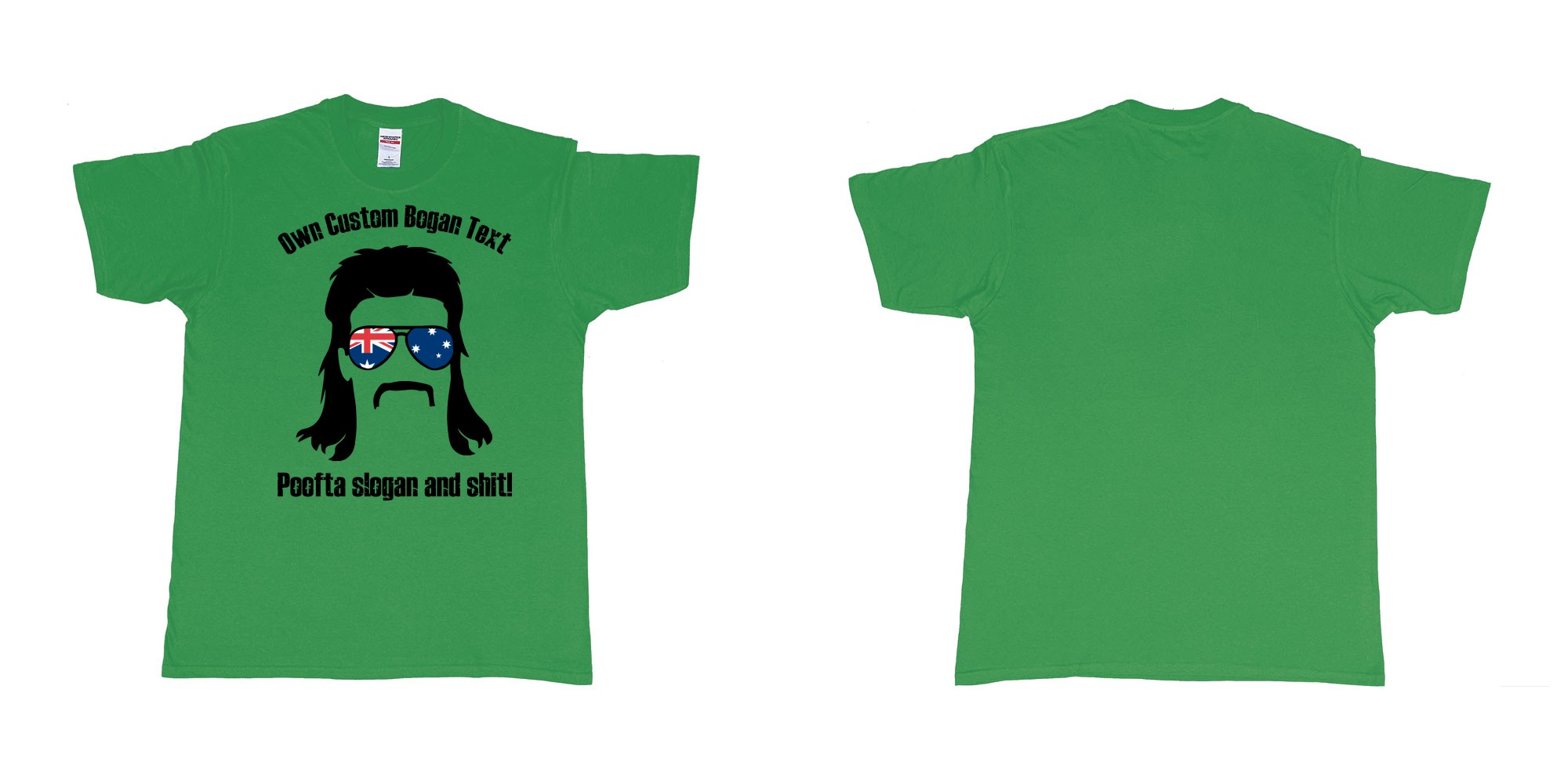 Custom tshirt design australian bogan mullet sunglasses silhouette in fabric color irish-green choice your own text made in Bali by The Pirate Way