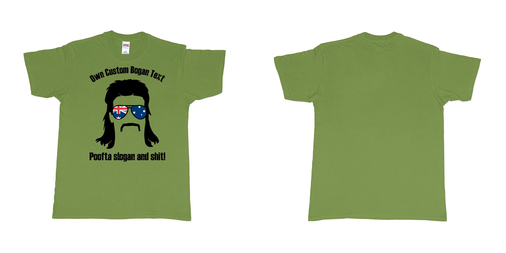 Custom tshirt design australian bogan mullet sunglasses silhouette in fabric color military-green choice your own text made in Bali by The Pirate Way