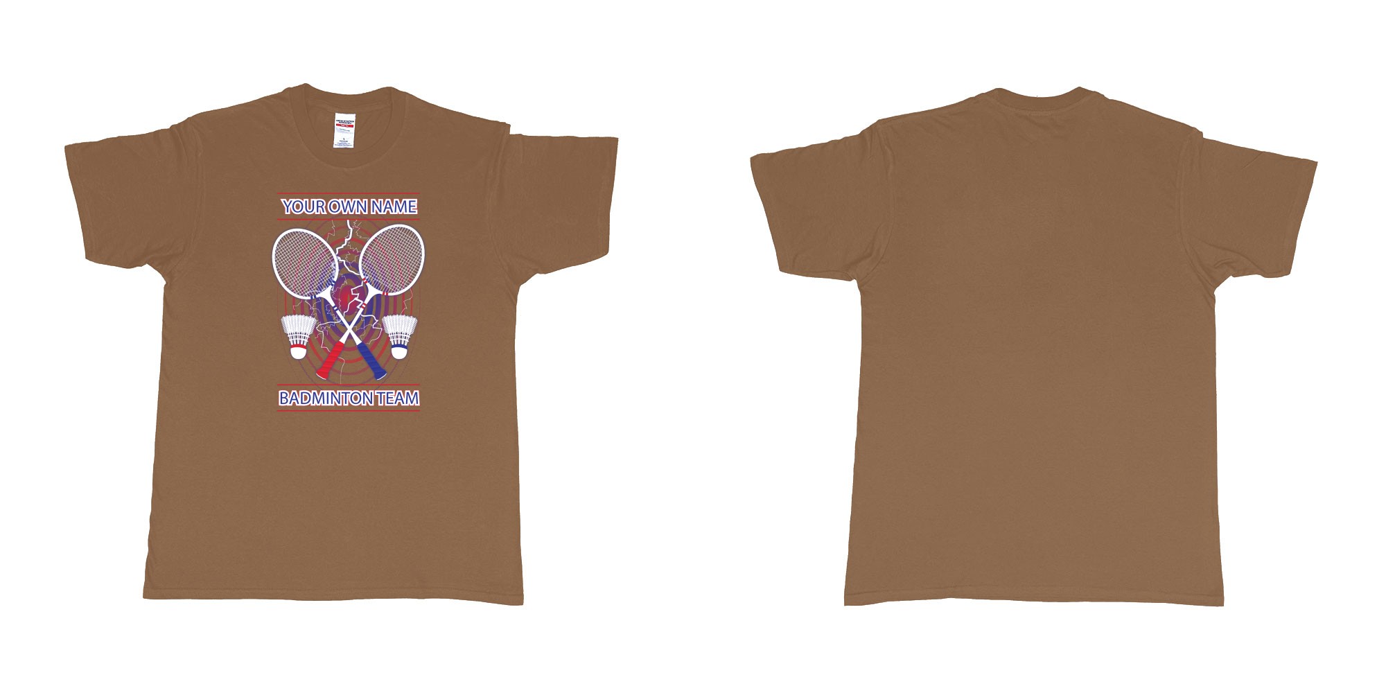 Custom tshirt design badminton t shirt own custom team name bali in fabric color chestnut choice your own text made in Bali by The Pirate Way
