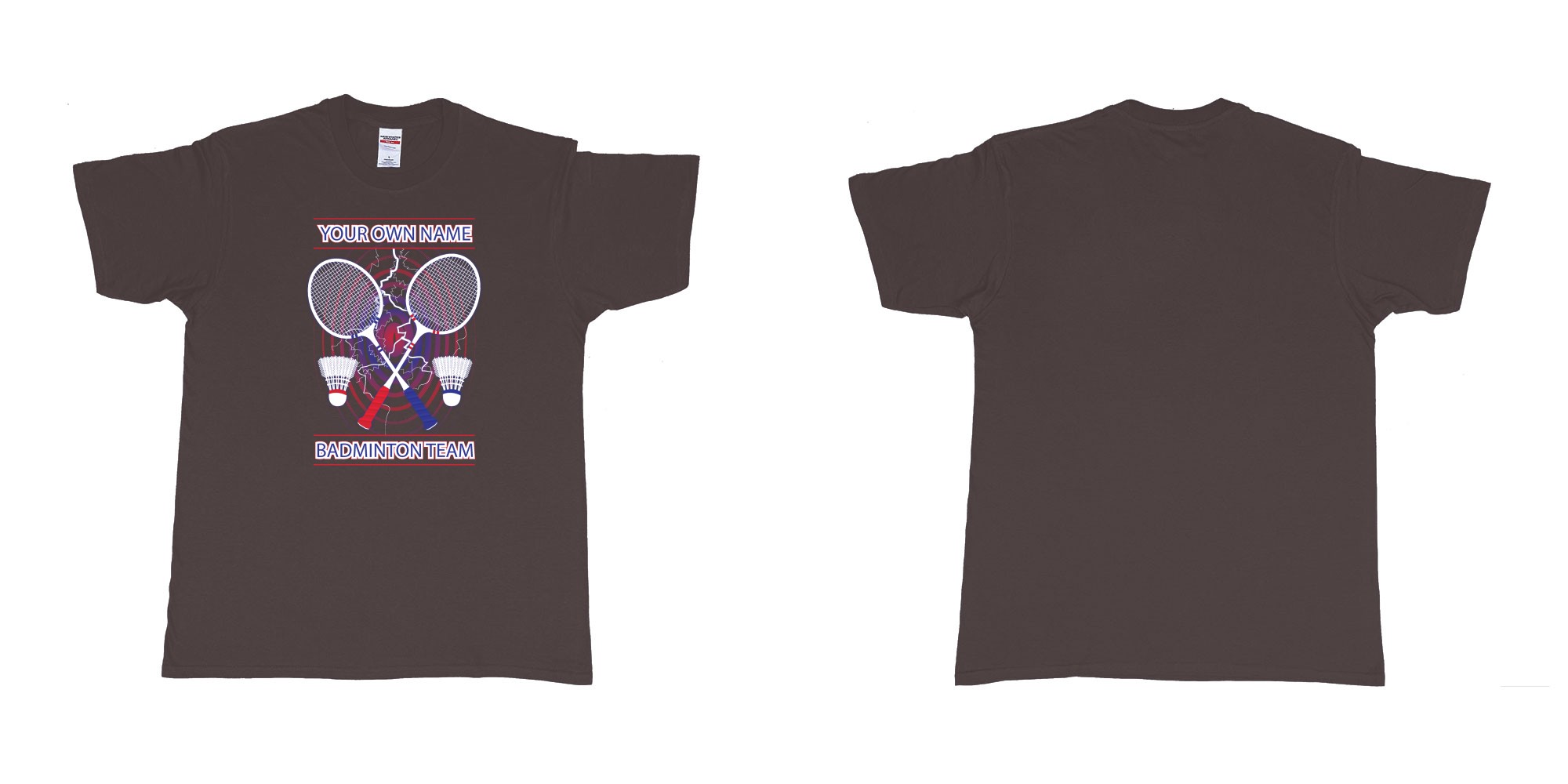 Custom tshirt design badminton t shirt own custom team name bali in fabric color dark-chocolate choice your own text made in Bali by The Pirate Way