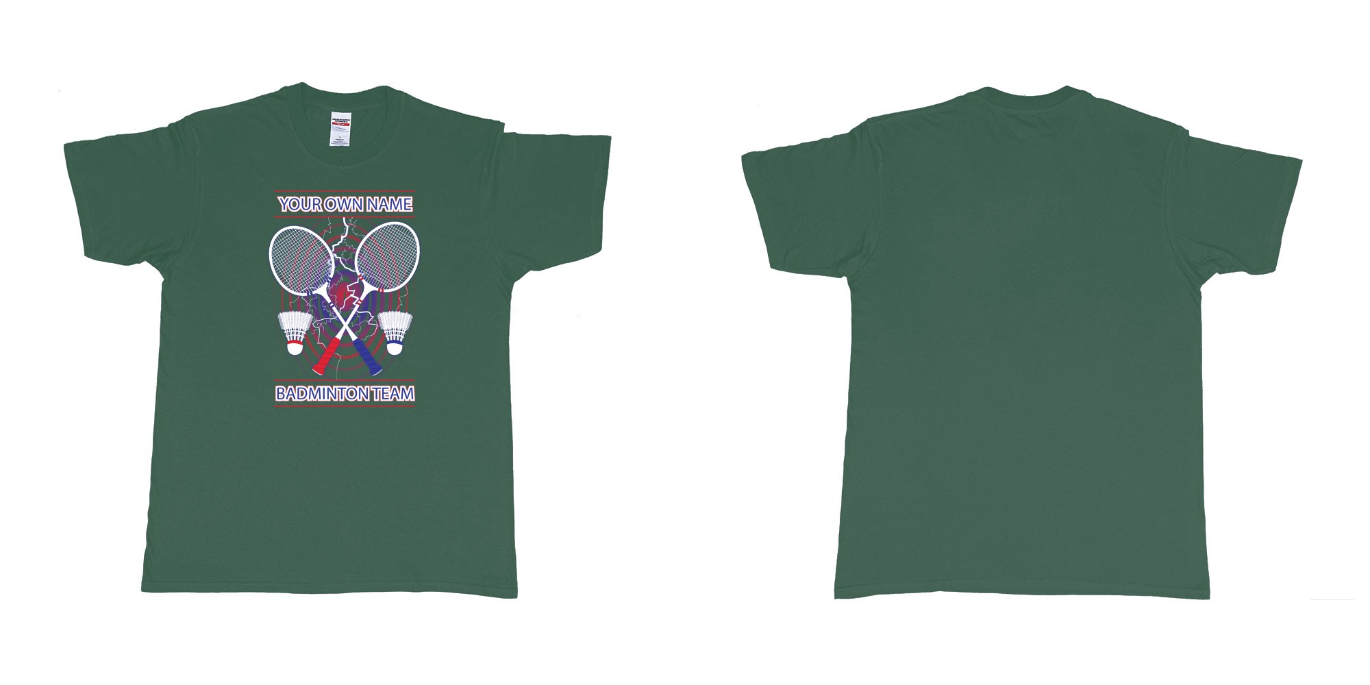 Custom tshirt design badminton t shirt own custom team name bali in fabric color forest-green choice your own text made in Bali by The Pirate Way