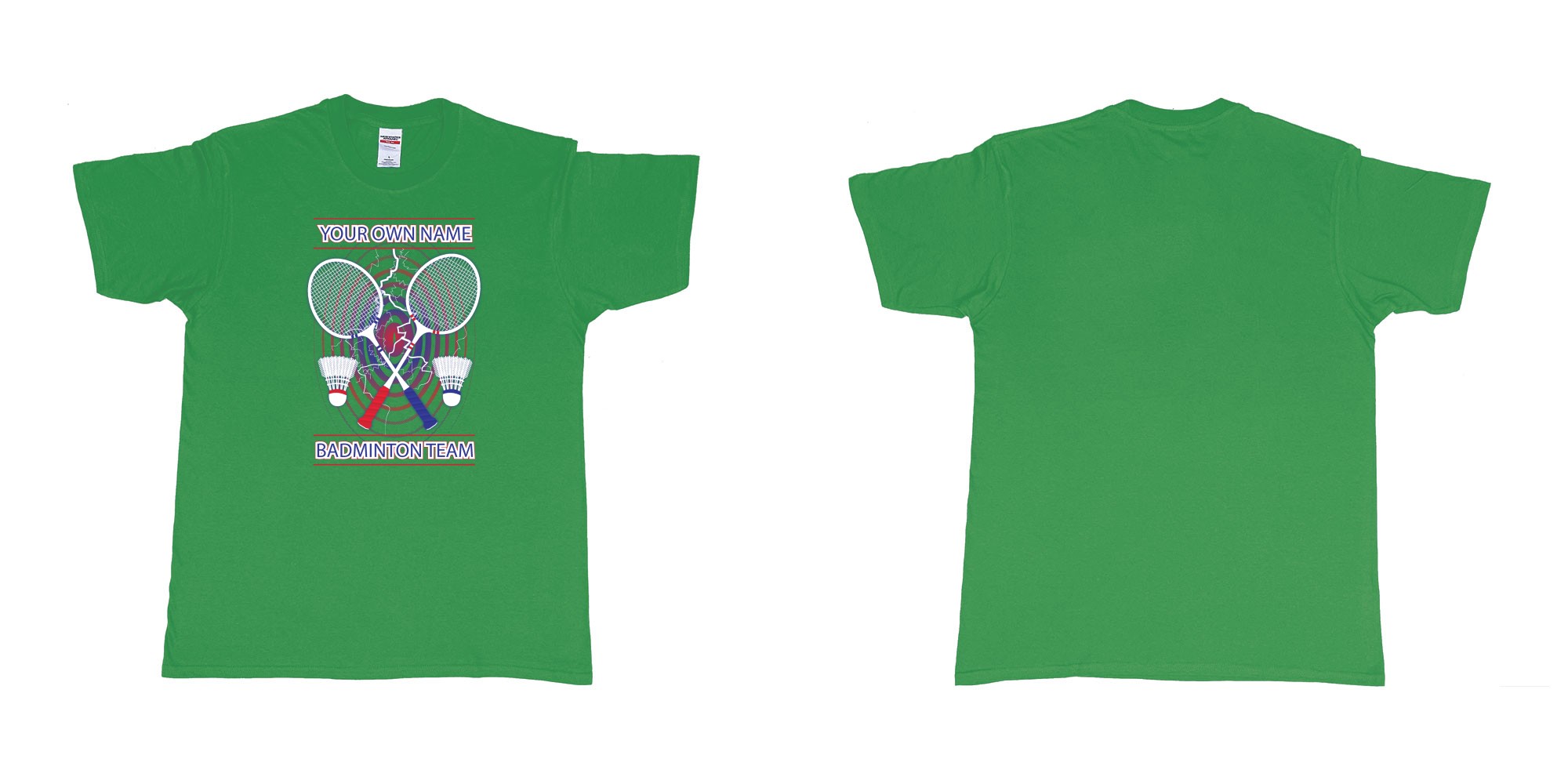Custom tshirt design badminton t shirt own custom team name bali in fabric color irish-green choice your own text made in Bali by The Pirate Way