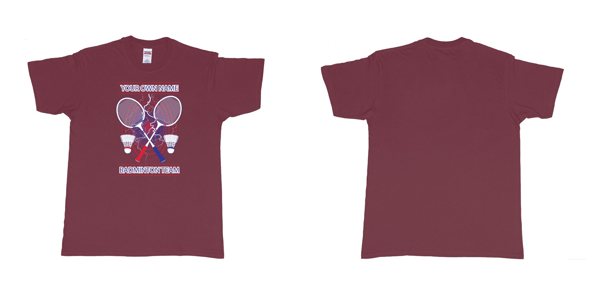Custom tshirt design badminton t shirt own custom team name bali in fabric color marron choice your own text made in Bali by The Pirate Way