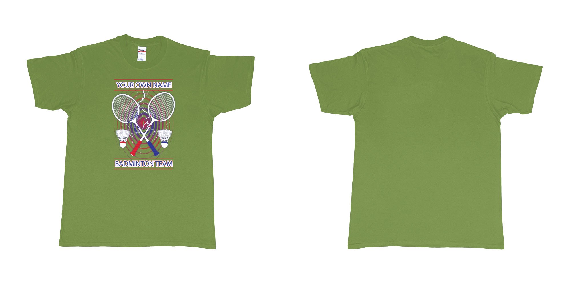 Custom tshirt design badminton t shirt own custom team name bali in fabric color military-green choice your own text made in Bali by The Pirate Way