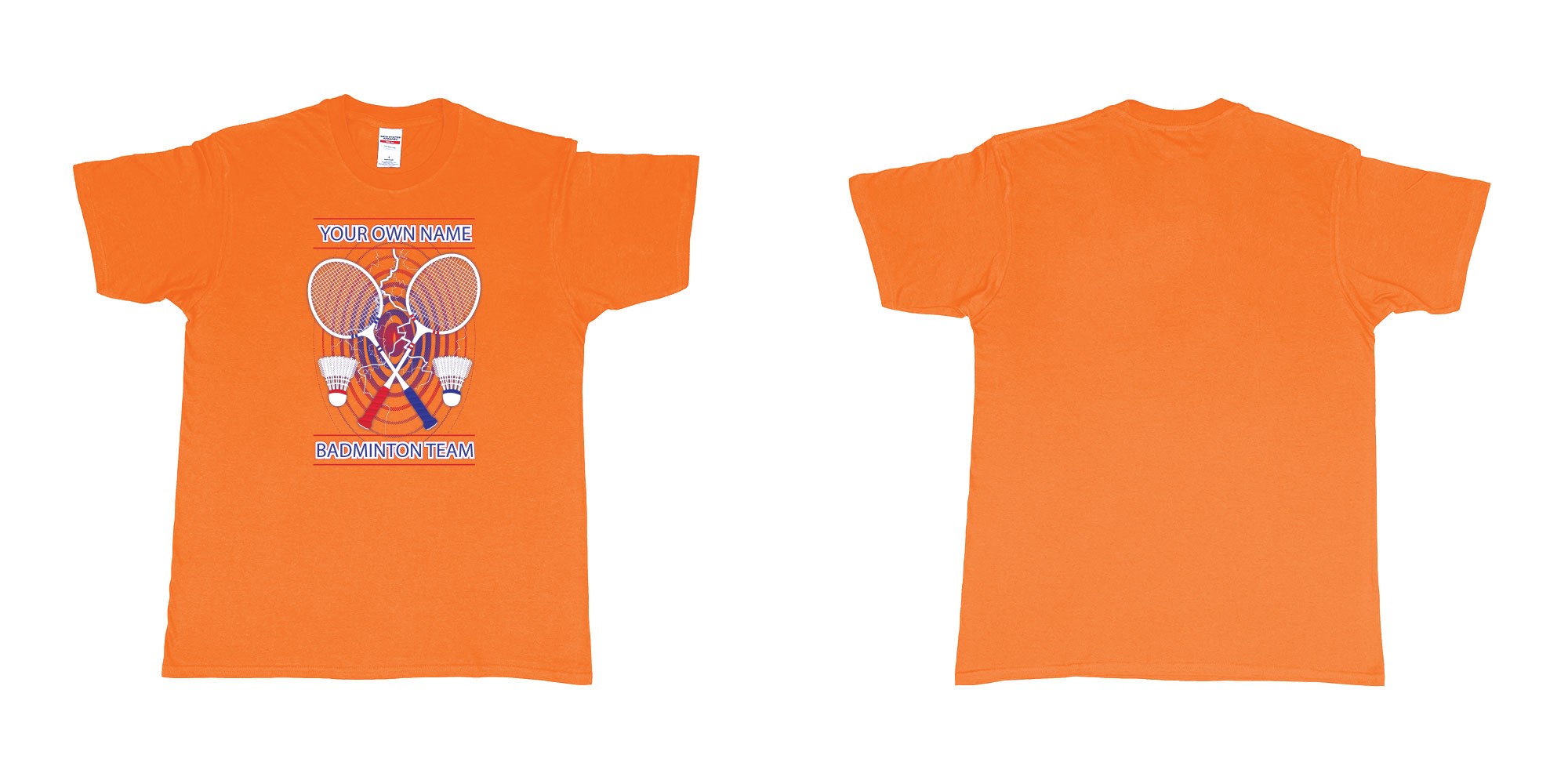 Custom tshirt design badminton t shirt own custom team name bali in fabric color orange choice your own text made in Bali by The Pirate Way