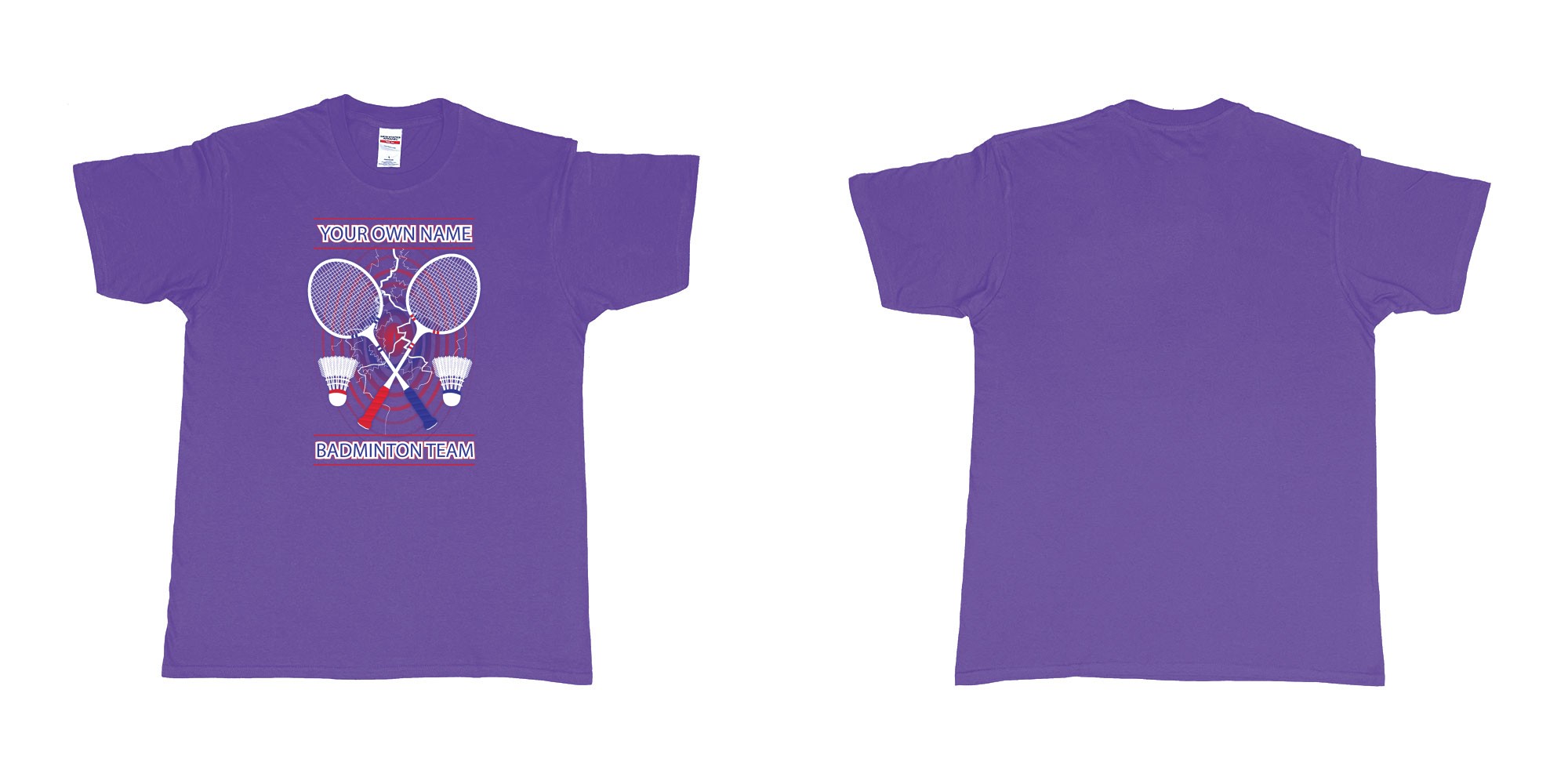 Custom tshirt design badminton t shirt own custom team name bali in fabric color purple choice your own text made in Bali by The Pirate Way