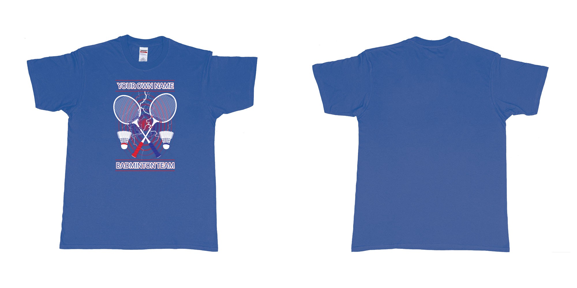 Custom tshirt design badminton t shirt own custom team name bali in fabric color royal-blue choice your own text made in Bali by The Pirate Way